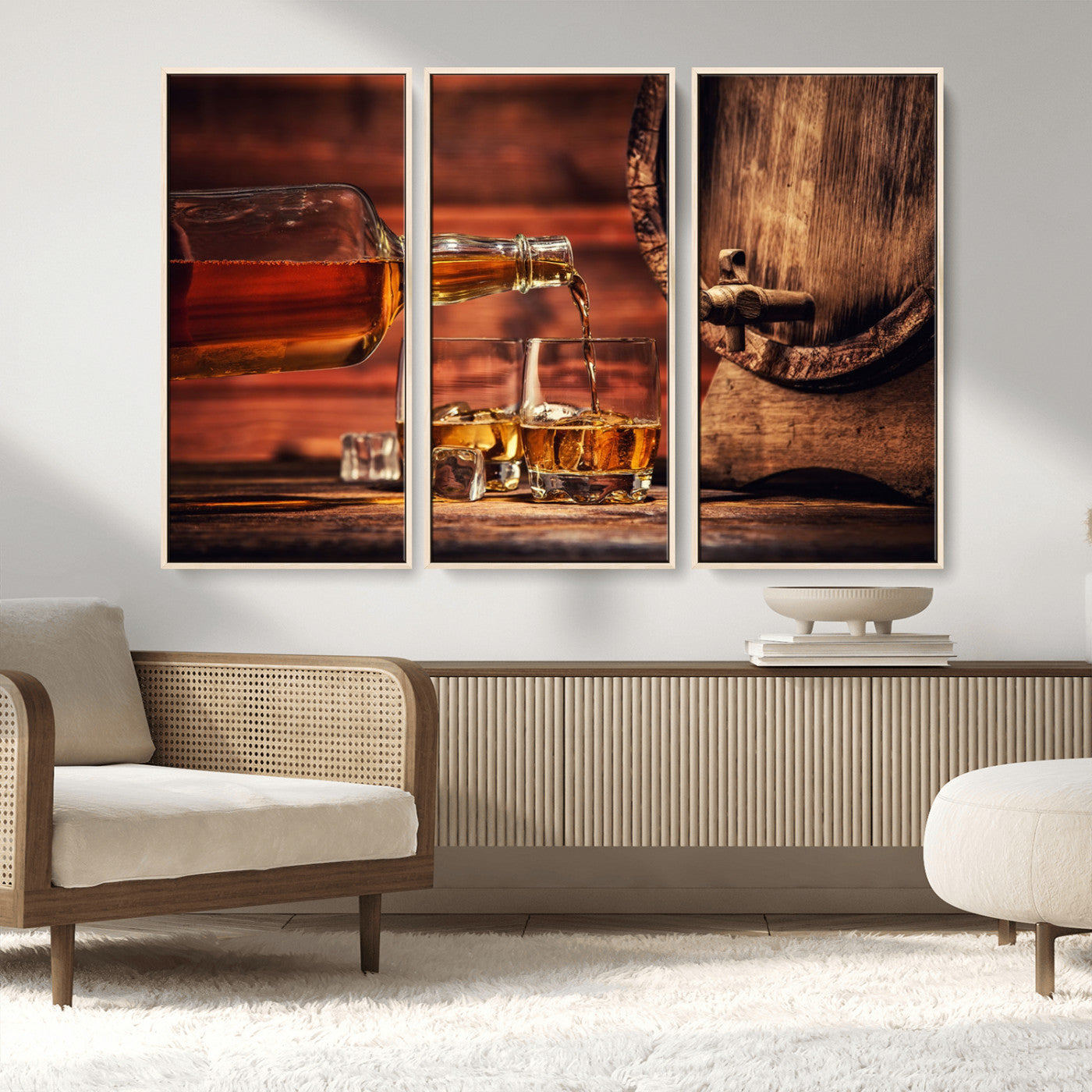 MGV-FC-48X32-3P - Whiskey and Cigar Canvas Wall Art | 3 Panel Bar Room Decor for Home Lounge, Office, or Man Cave |