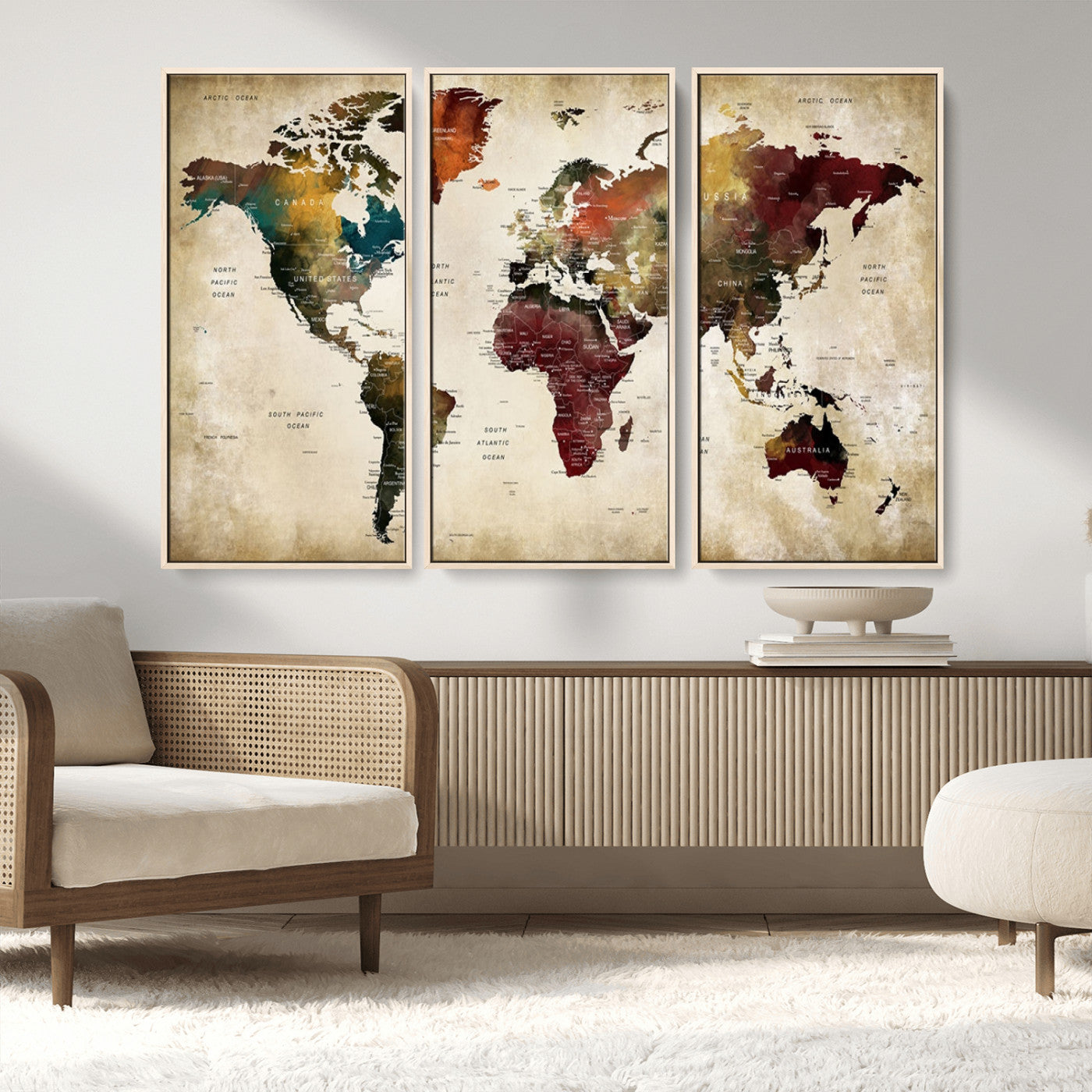 MGV-FC-48X32-3P - Large World Map Wall Art Canvas Print, Framed Push Pin Map Art Picture Print, Abstract Traveller Map Perfect Modern Decor Artwork