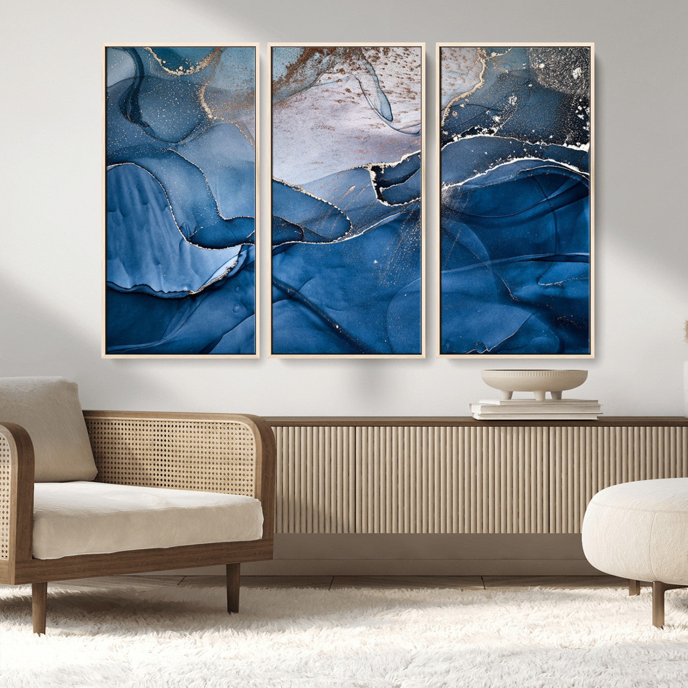 -Navy Blue Canvas Art Abstract Print – Elegant Triptych Modern Art Print – Contemporary Decor for Living Room or Office
