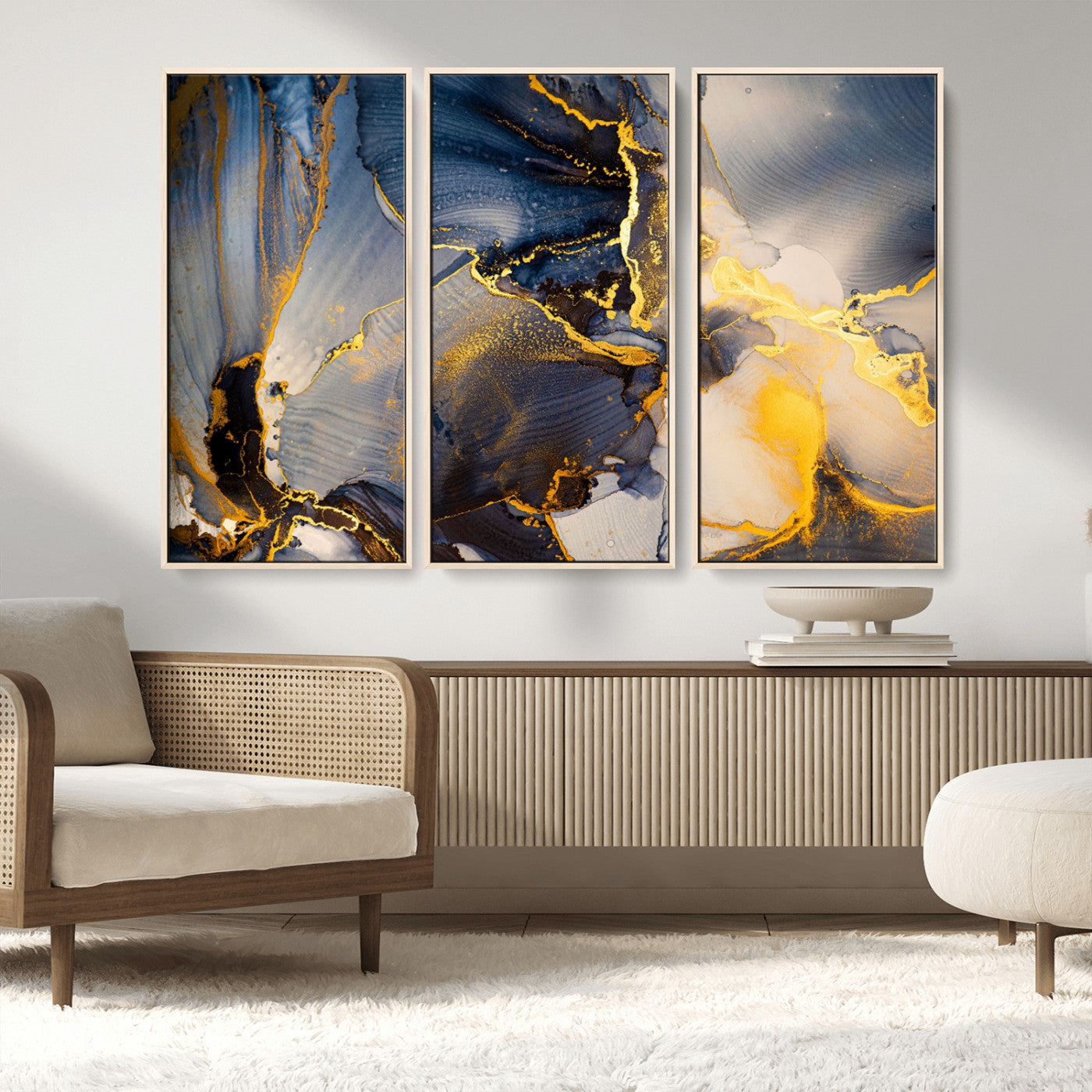 42100-MGV-FC-48X32-3P_Natural-Large Abstract Wall Art Print - Gold and Blue Abstract Canvas Wall Art | Fluid Ink Modern Luxury Wall Decor for Living Room Decor