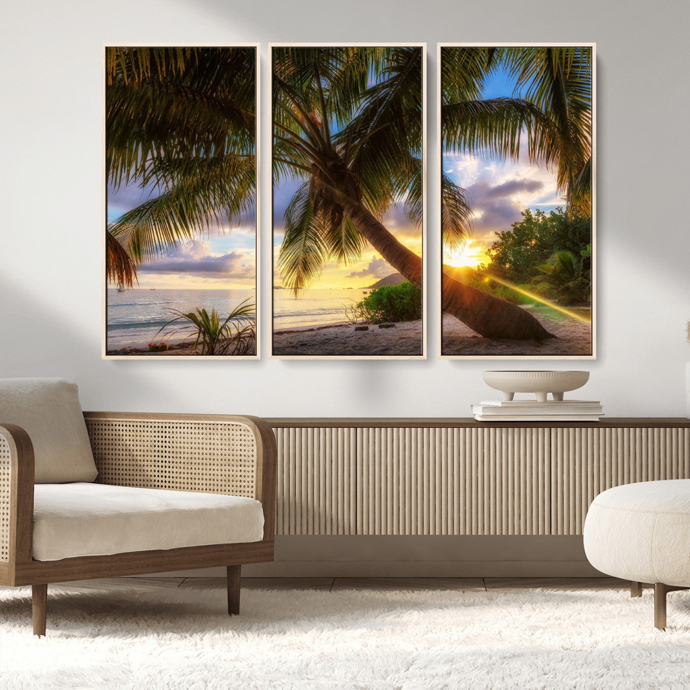 MGV-FC-48X32-3P - Tropical Island Sunset on the Beach Palms Wall Art Canvas Print