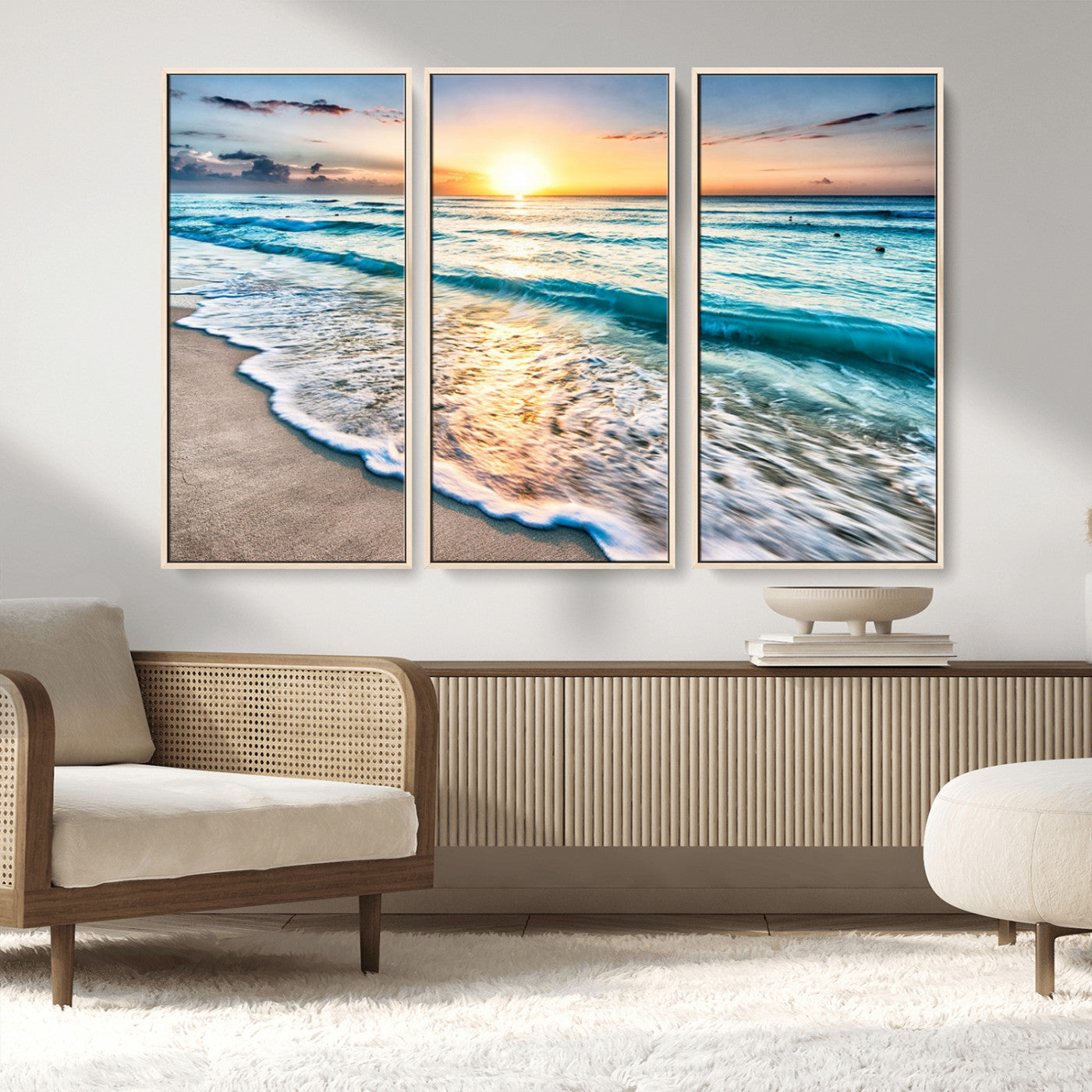 MGV-FC-48X32-3P - Sunset Beach Waves Canvas Wall Art – 5-Panel Ocean Sunset Print – Coastal Decor for Living Room or