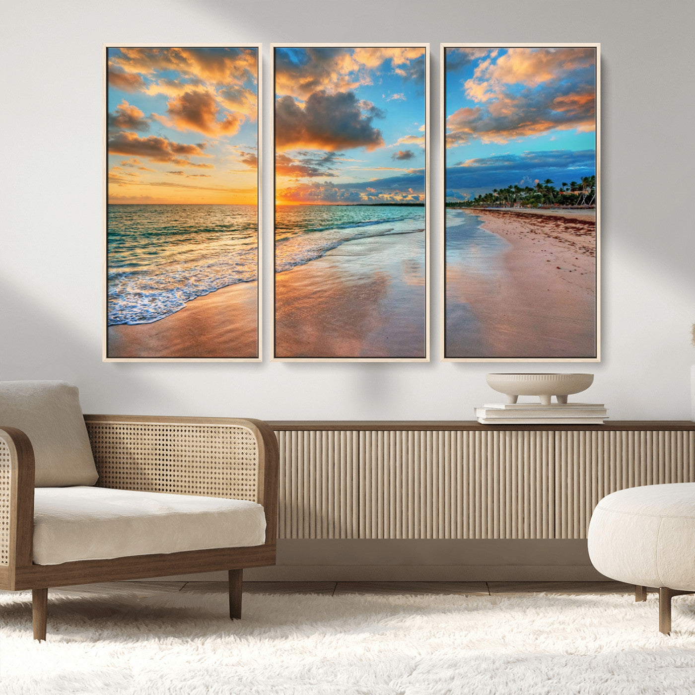MGV-FC-48X32-3P - Sunset Beach Canvas Wall Art – Tropical Triptych Seascape Print – Coastal Ocean Decor for Living