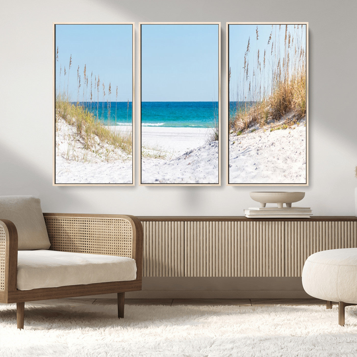 MGV-FC-48X32-3P - Serene Coastal Dune Path with Ocean View, 3-Panel Beach Canvas Wall Art, Tranquil Seascape Giclee Print, Gallery Wrap, Perfect for Coastal Home Decor
