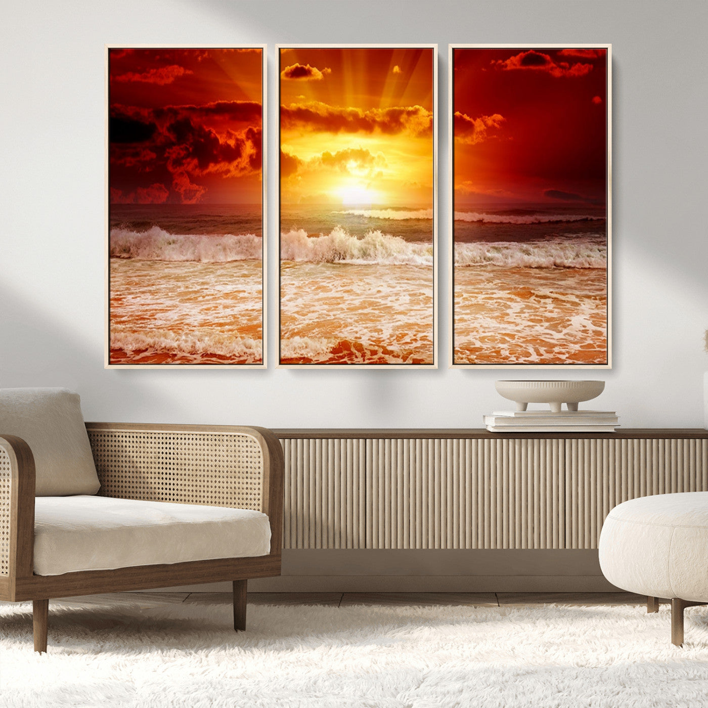 MGV-FC-48X32-3P - Red Sunset Ocean Beach Canvas Wall Art Beach Canvas, Coastal Sunset Print