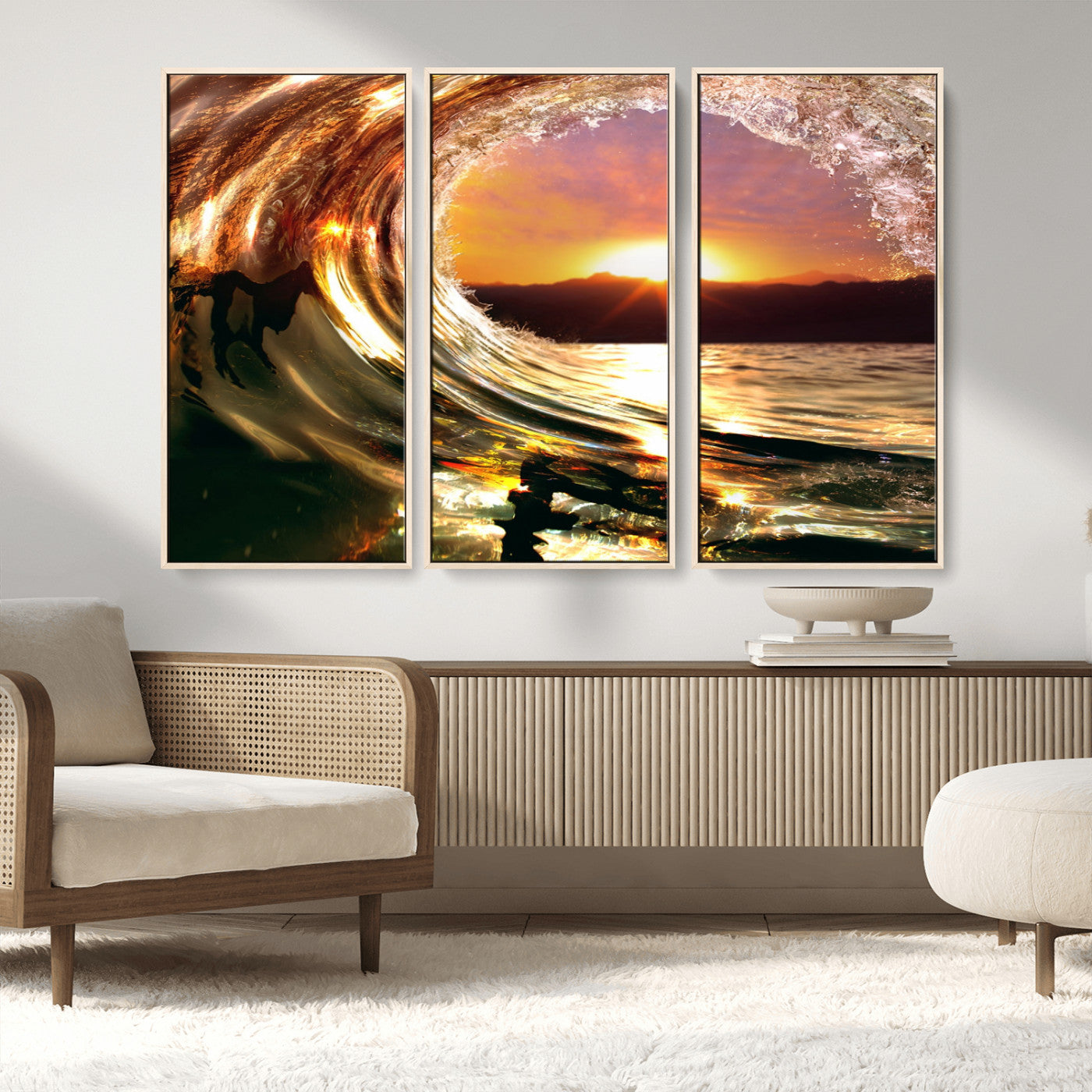 MGV-FC-48X32-3P - Golden Wave Sunset Triptych Canvas Art, Giclee Canvas Print of Ocean Wave and Sunset, Framed Ocean