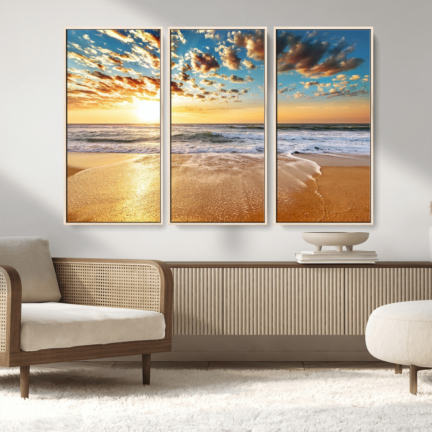 MGV-FC-48X32-3P - Golden Sunset Beach Print Canvas Wall Art, Giclee Canvas Print with Canon Print Quality, Triptych