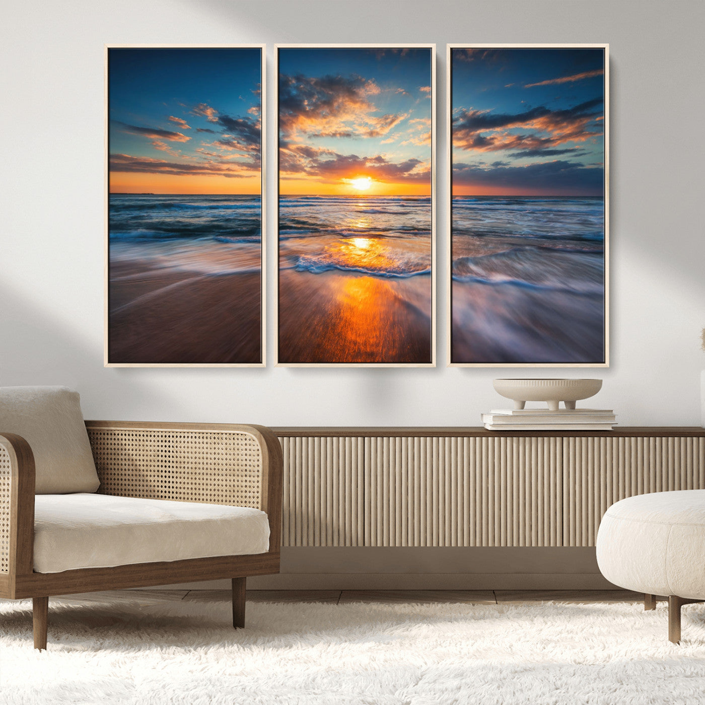 MGV-FC-48X32-3P - Sunset on the Ocean Beach with Waves, Reflections on Sand, Coastal Wall Art Print, Beach Wall Art,
