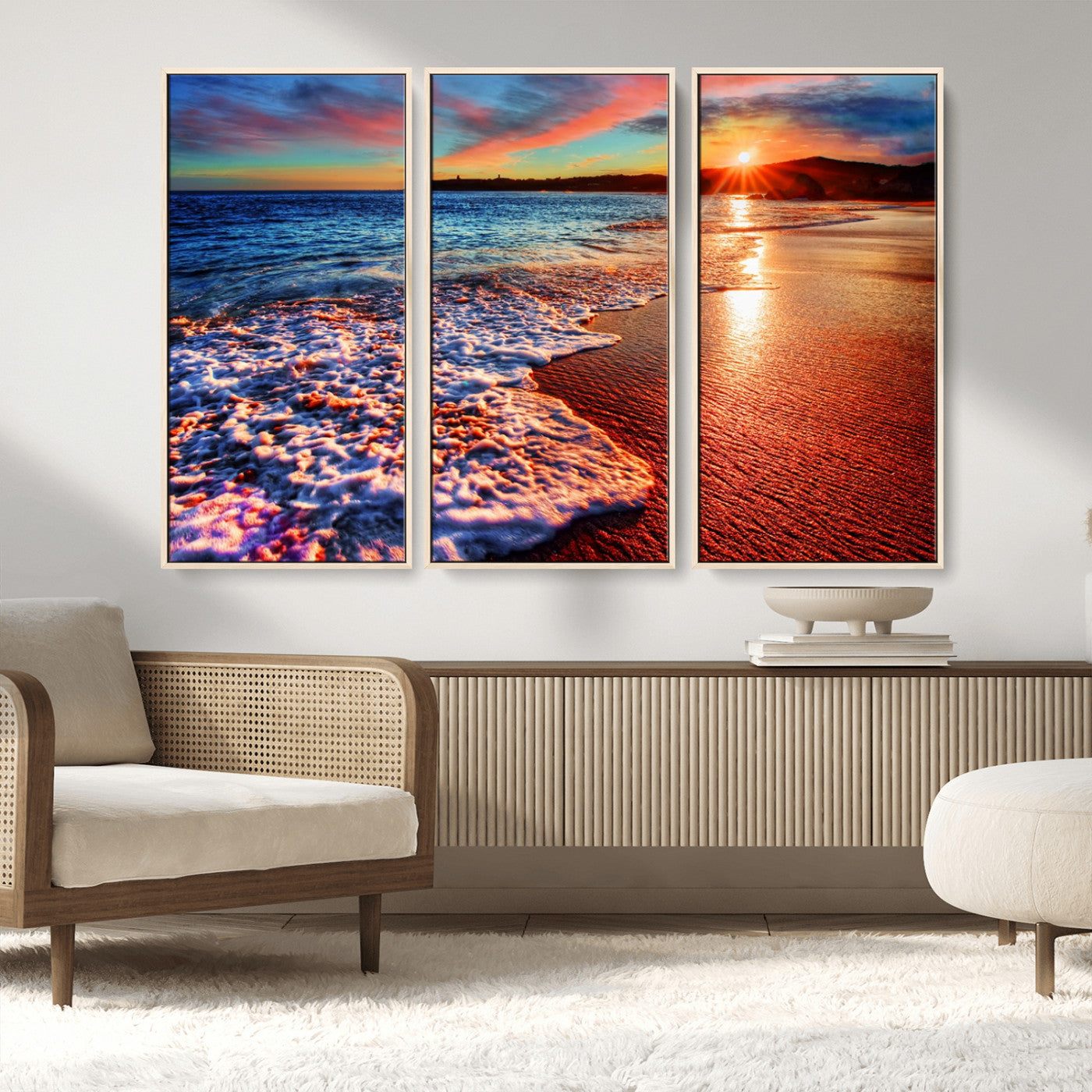 MGV-FC-48X32-3P - Colorful Coastal Sunset on the Beach Canvas Print, Ocean Waves Crashing at Dusk, Multi-Panel Seascape Vibrant Coastal Wall Art Canvas Print