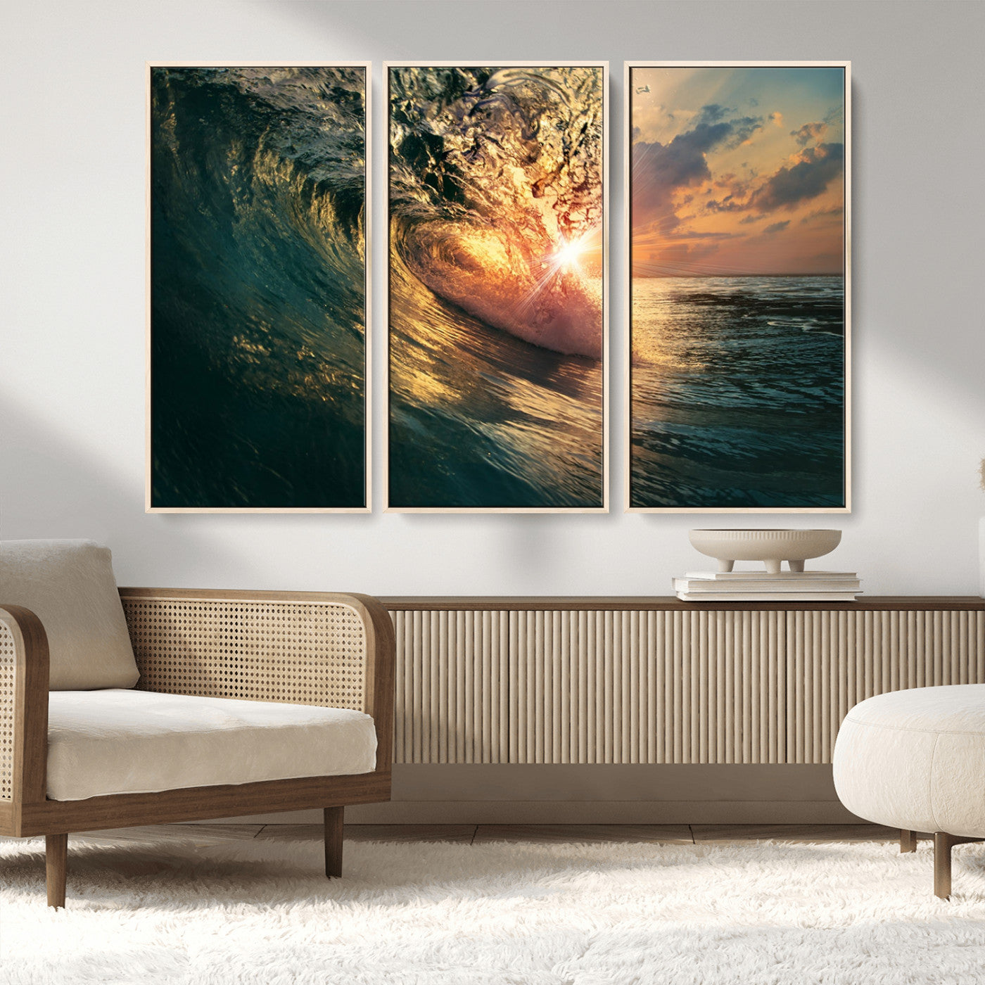 MGV-FC-48X32-3P - Ocean Wave Sunset Canvas Wall Art – Triptych Seascape Print – Framed and Ready to Hang for Living Room or Office