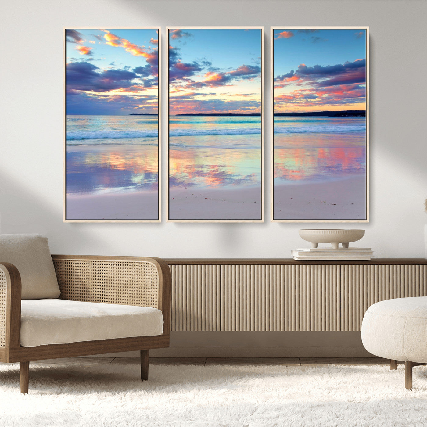 MGV-FC-48X32-3P - Tranquil Pastel Sunset Beach Triptych Canvas Art, Soothing Coastal Ocean Shoreline Giclee Print, Beach Reflections Wall Decor for Serene Spaces