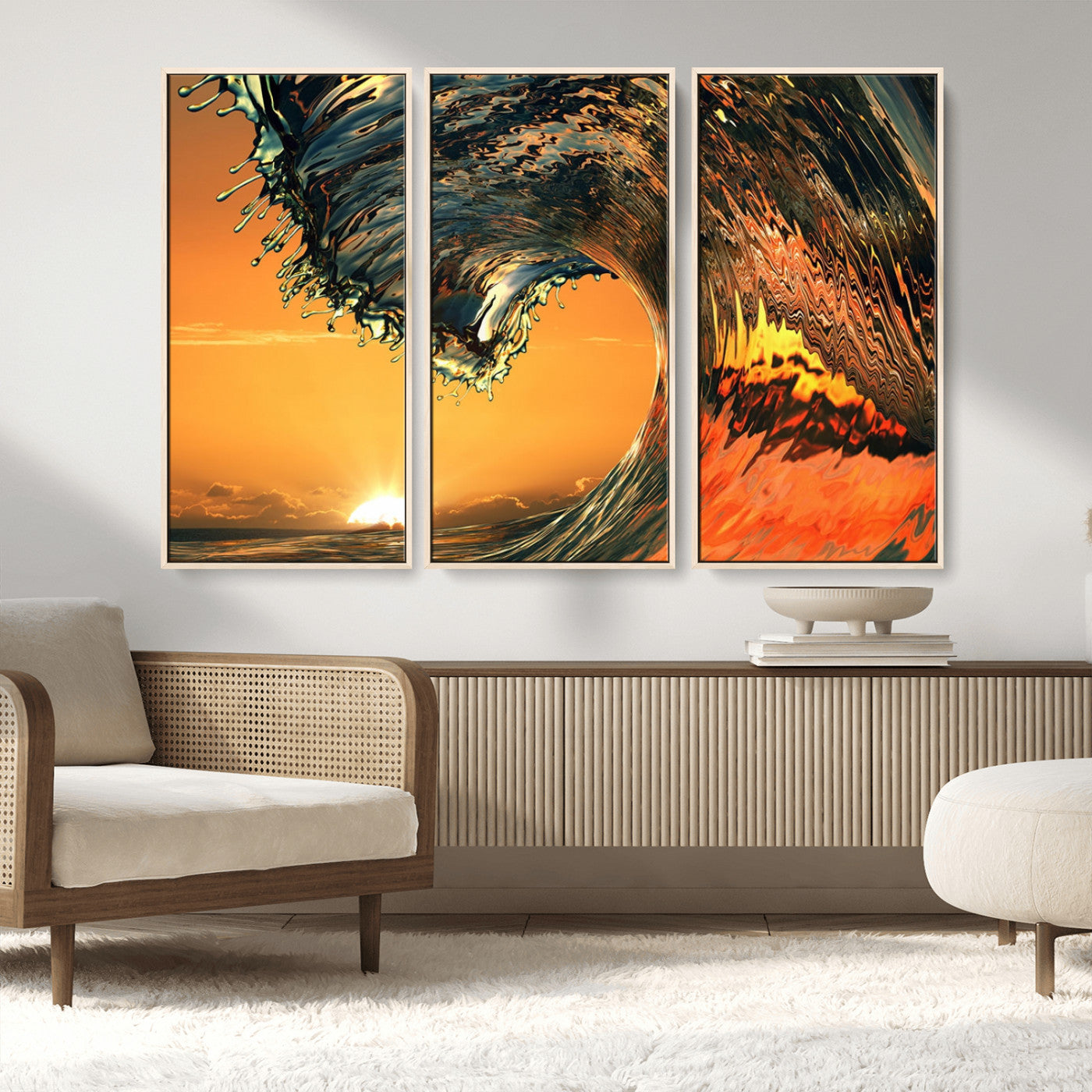 96977-MGV-FC-48X32-3P_Natural-Surf Wave Sunset Canvas Wall Art Print, 3-Panel Ocean Coastal Wall Art Print, Ocean Decor for