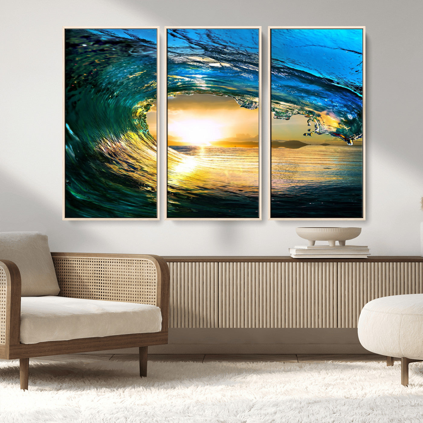 MGV-FC-48X32-3P - Ocean Wave at Sunset Canvas Art, Large Wall Print of Vibrant Water Waves, Coastal Art for Living Room and Dining Room