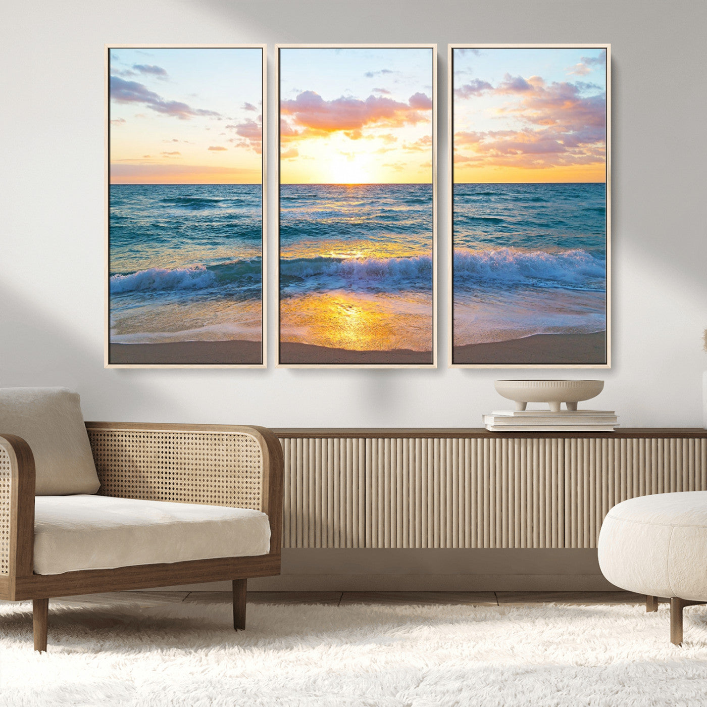 MGV-FC-48X32-3P - Ocean Sunset Triptych Canvas Wall Art, Giclee Beach Sunset Print with Gentle Waves, Coastal Art for Relaxation Spaces