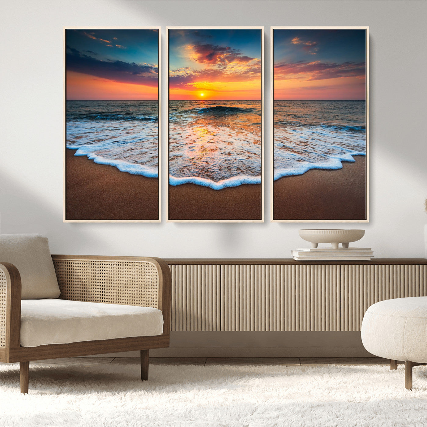 MGV-FC-48X32-3P - Sunset Beach Canvas Wall Art – Colorful Ocean Waves Triptych – Coastal Decor for Living Room or Bedroom – Framed and Ready to Hang