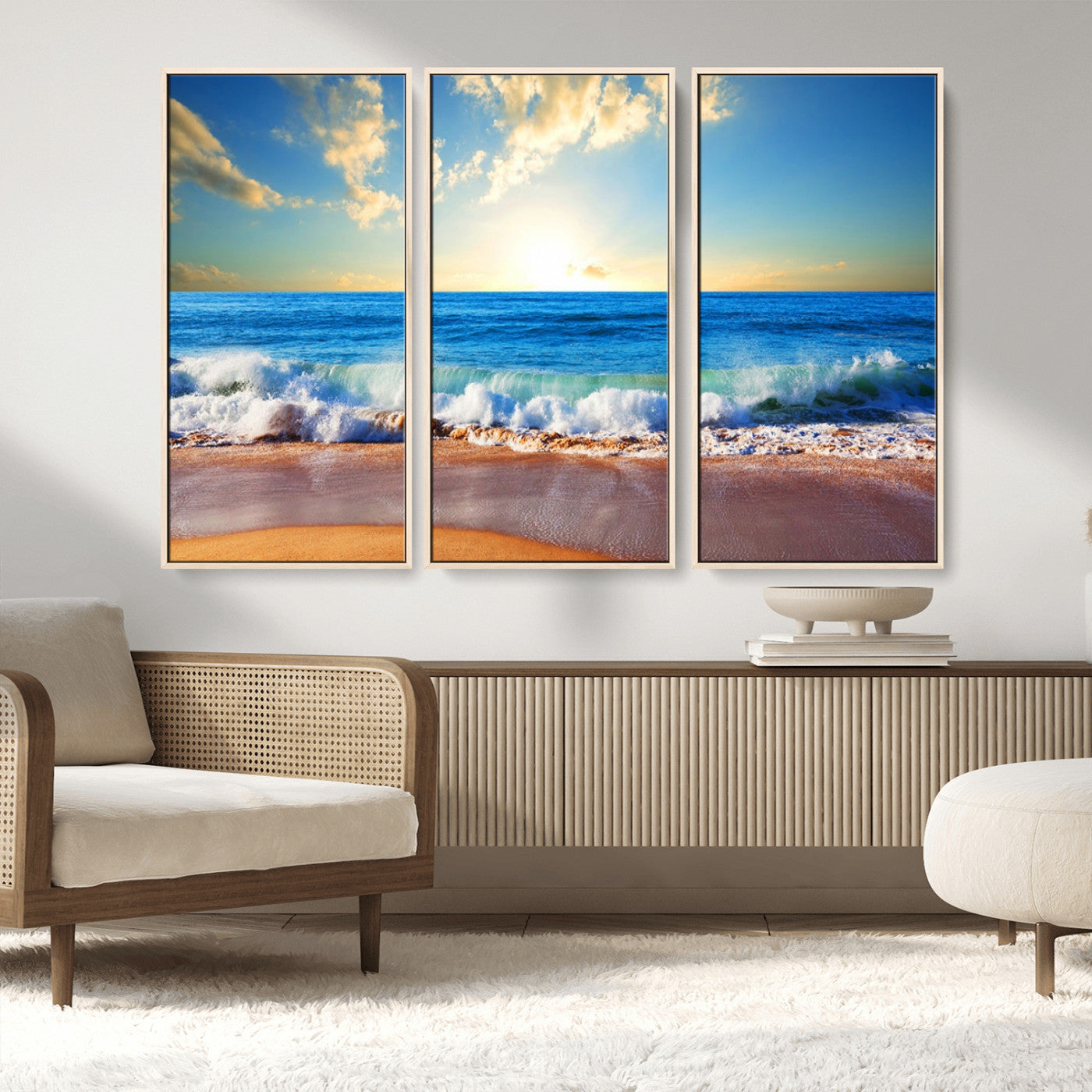 MGV-FC-48X32-3P - Tropical Beach Sunset Canvas Art, Ocean Waves and Sandy Shoreline Wall Art, Large Beach Decor for Coastal Homes