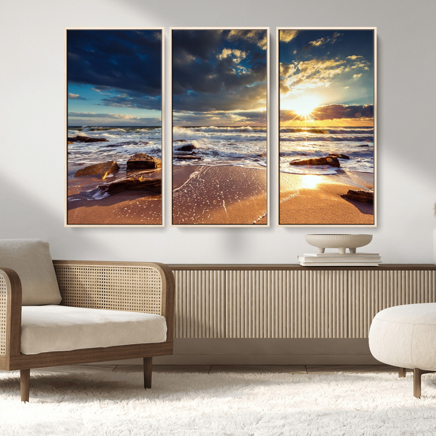MGV-FC-48X32-3P - Golden Hour Beach Sunset Canvas Triptych, Ocean Waves and Rocks Wall Art for Coastal Home Decor