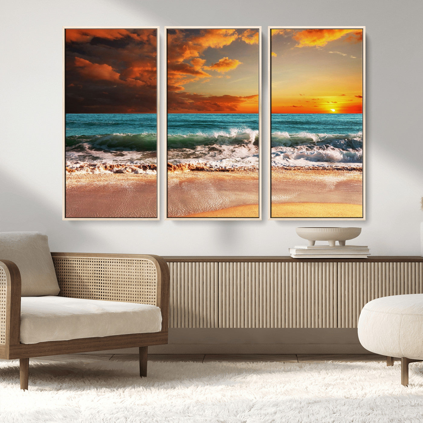 MGV-FC-48X32-3P - Golden Sunset Beach Canvas Wall Art – Triptych Seascape Print – Framed and Ready to Hang for Living Room or Office