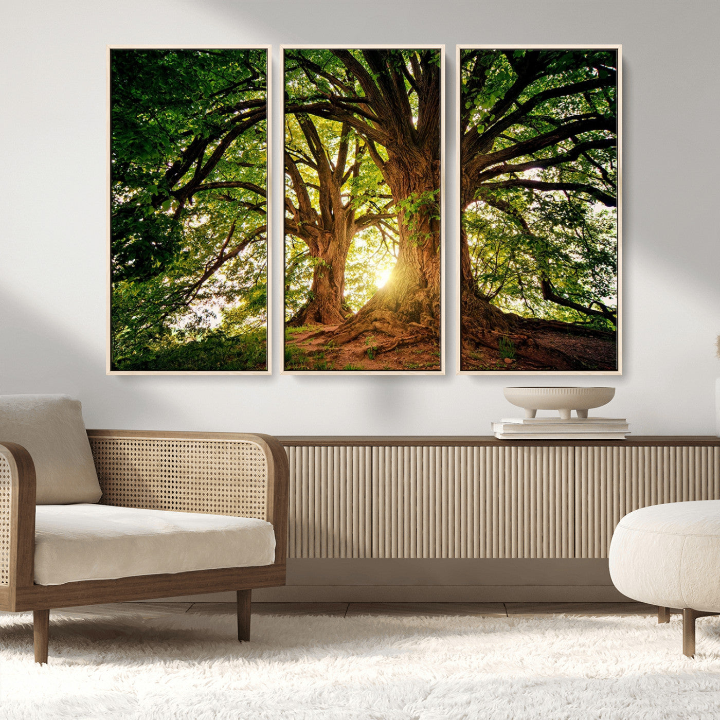 MGV-FC-48X32-3P - Majestic Ancient Tree Wall Art, Nature-Inspired Canvas Print, Woodland Art, Tree of Life Artwork, Sunlit Forest, Giclee Nature Print
