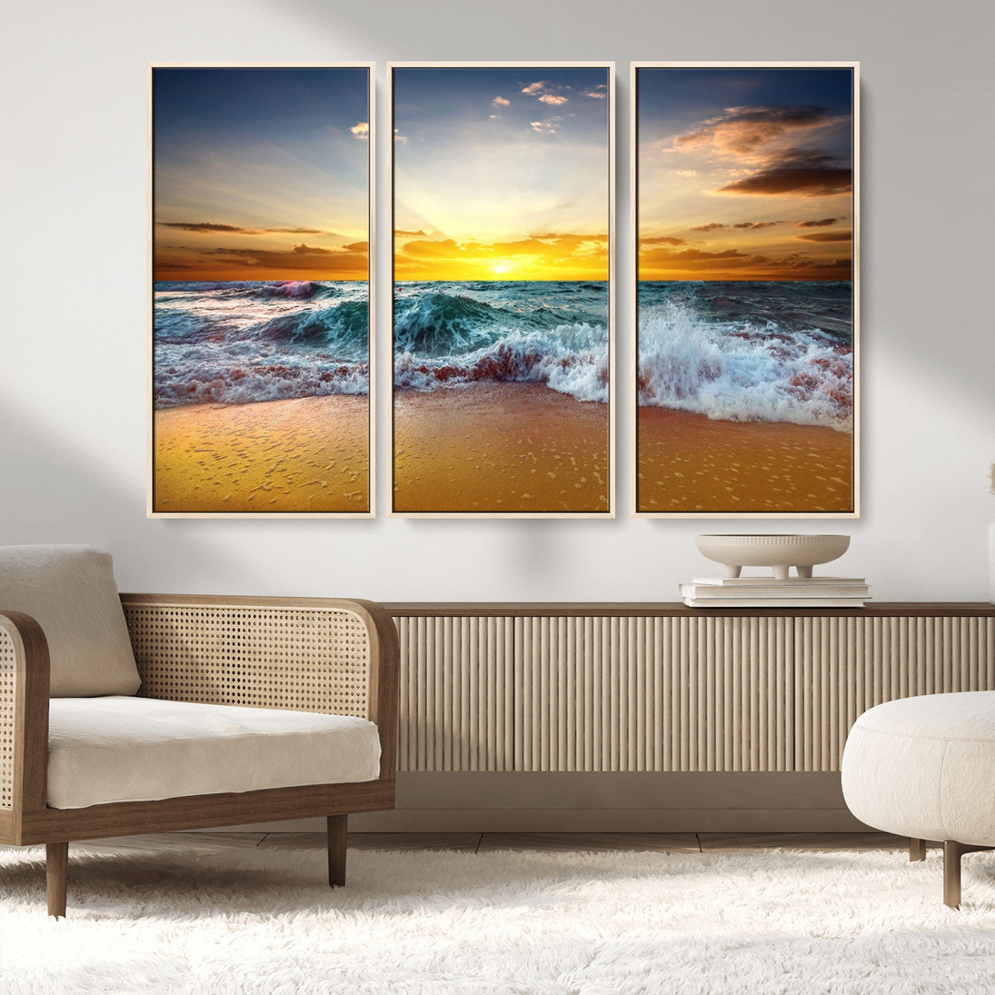 MGV-FC-48X32-3P - Golden Sunset Ocean Waves Wall Art Canvas Print – Multi Panel Beach Canvas Print Set – Large Coastal Triptych Print for Home or Farmhouse Decor
