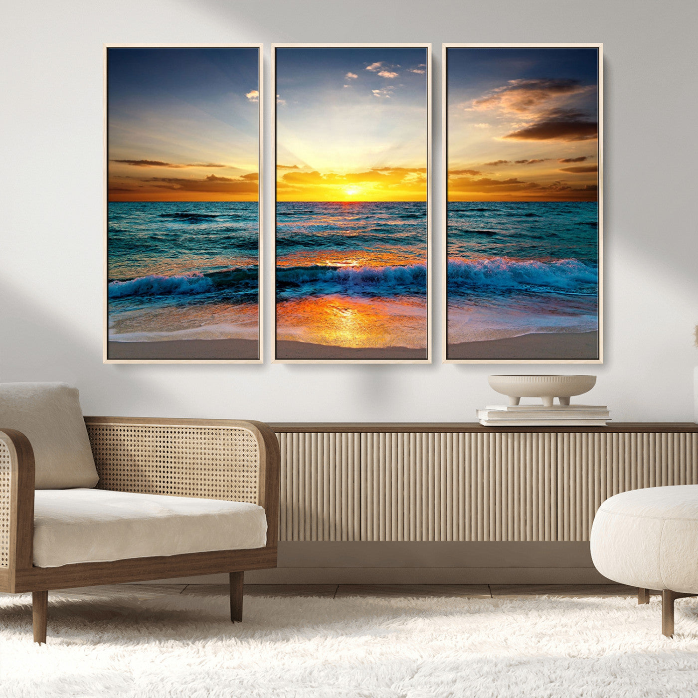 MGV-FC-48X32-3P - Vibrant Ocean Sunrise Over Golden Beach Waves, Giclee Canvas Wall Art Set, High-Quality Stretched Canvas Print, Ready to Hang Coastal Sunset Wall