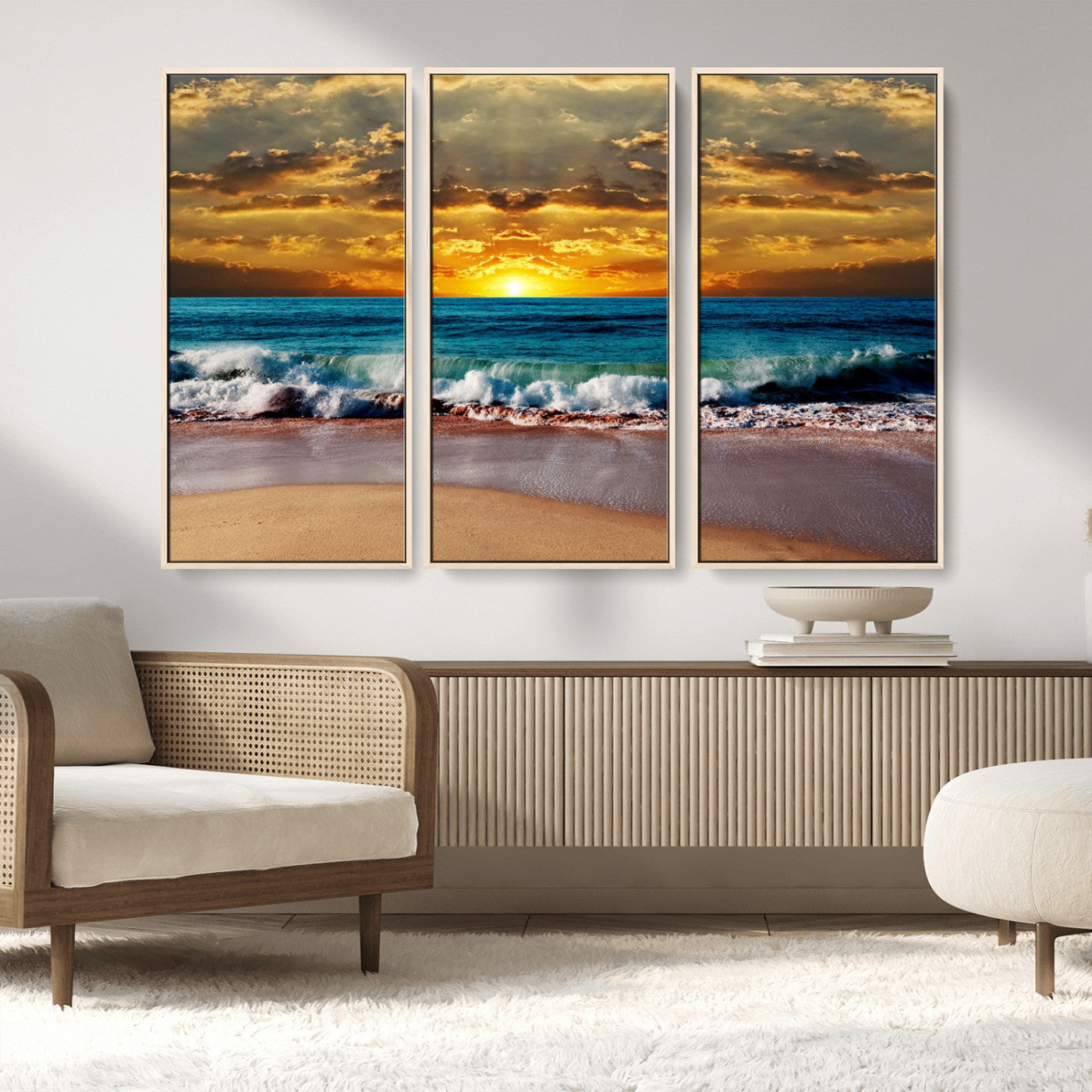 MGV-FC-48X32-3P - Ocean Sunrise Over Golden Beach Waves, Giclee Canvas Wall Art Set, High-Quality Stretched Canvas Print, Ready to Hang Coastal Sunset Wall Decor