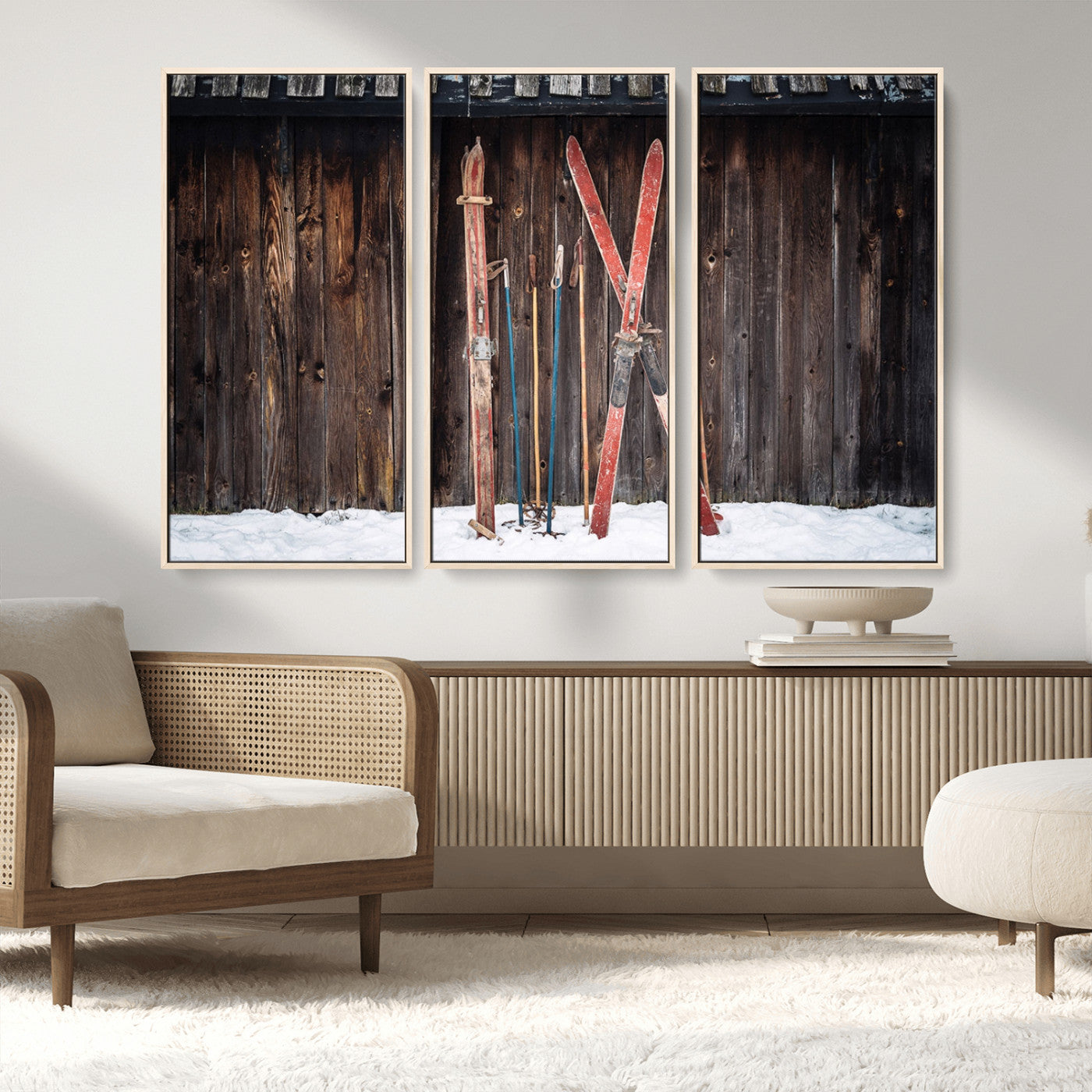 MGV-FC-48X32-3P - Vintage Ski Gear Against Wooden Cabin Wall, Rustic Winter Sports Equipment Canvas Print, Ready to Hang Wall Art, Perfect for Lodge or Ski Cabin Decor