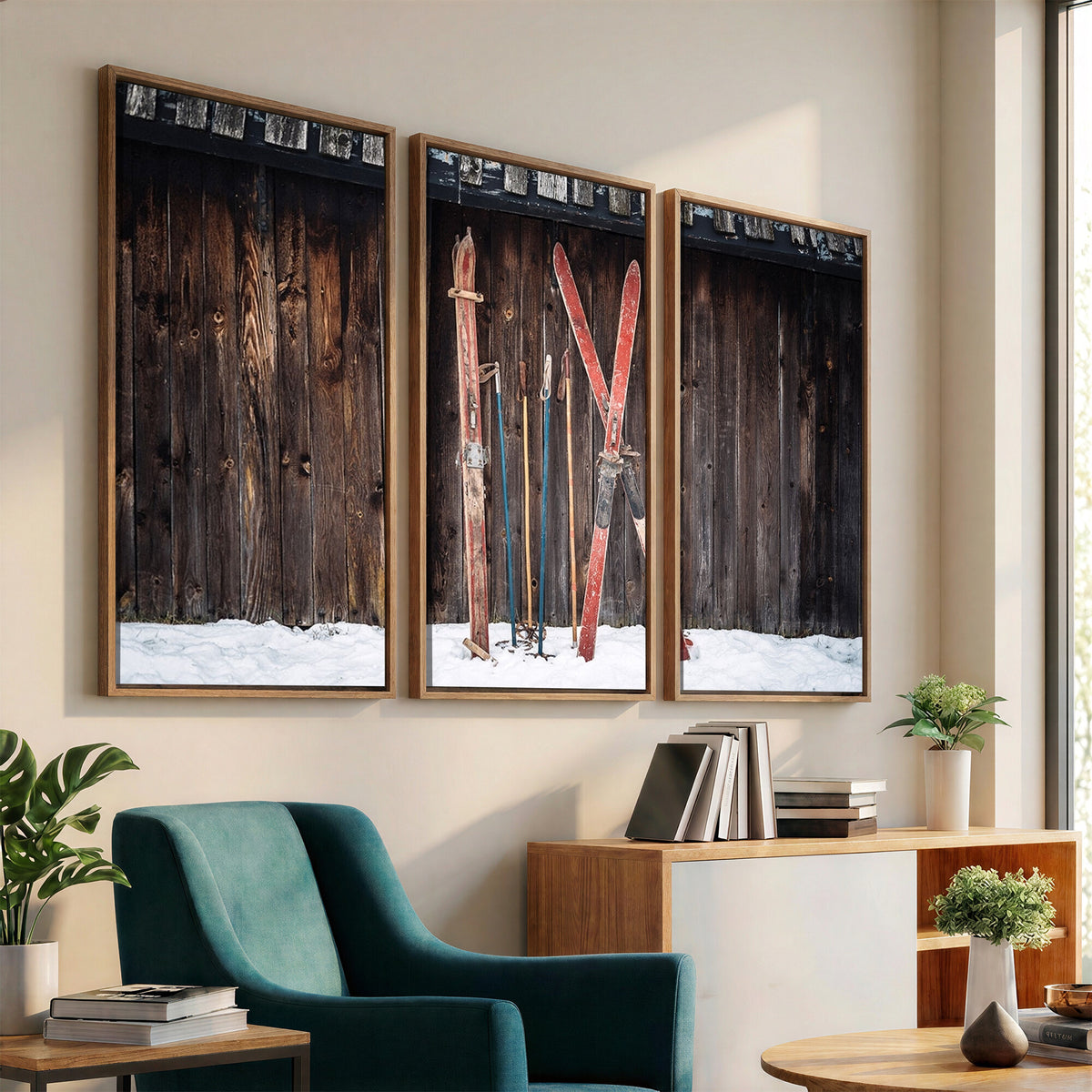 78590-MGV-CV-36X24 - Vintage Ski Gear Canvas Print, Vintage Ski Gear Against Wooden Cabin Wall