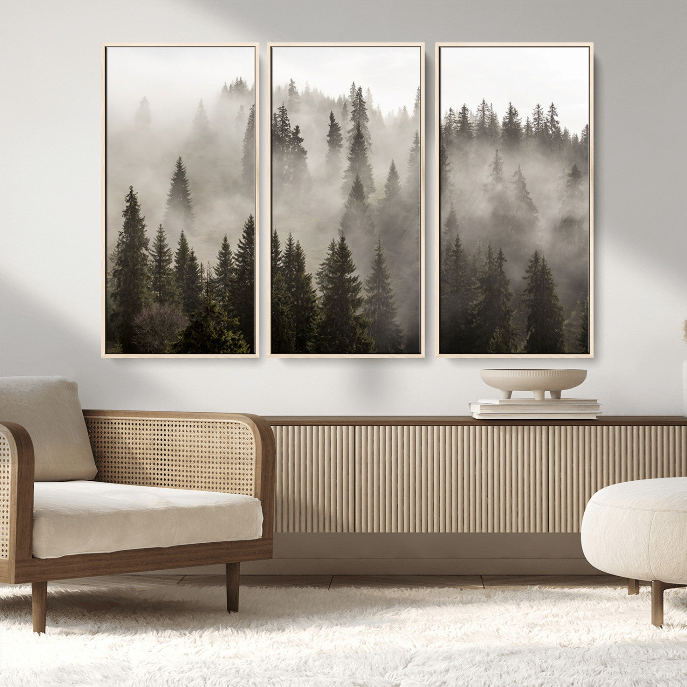 MGV-FC-48X32-3P - Foggy Mountain Wall Art | 3-Panel Foggy Forest and Mountain Landscape | Large Giclee Print for