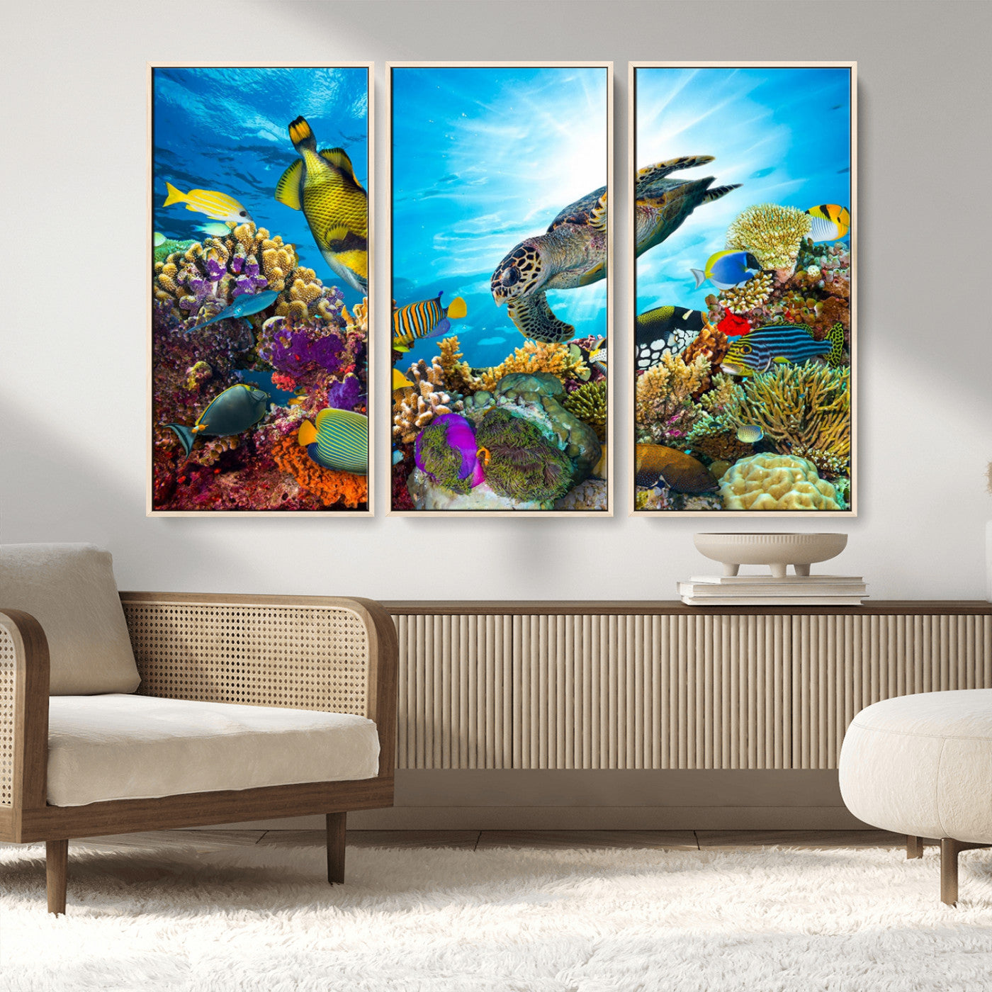 MGV-FC-48X32-3P - Sea Turtle Coral Reef Wall Art Print – Colorful Underwater Canvas Print – Tropical Ocean Marine Life Artwork – Perfect for Coastal Home Decor