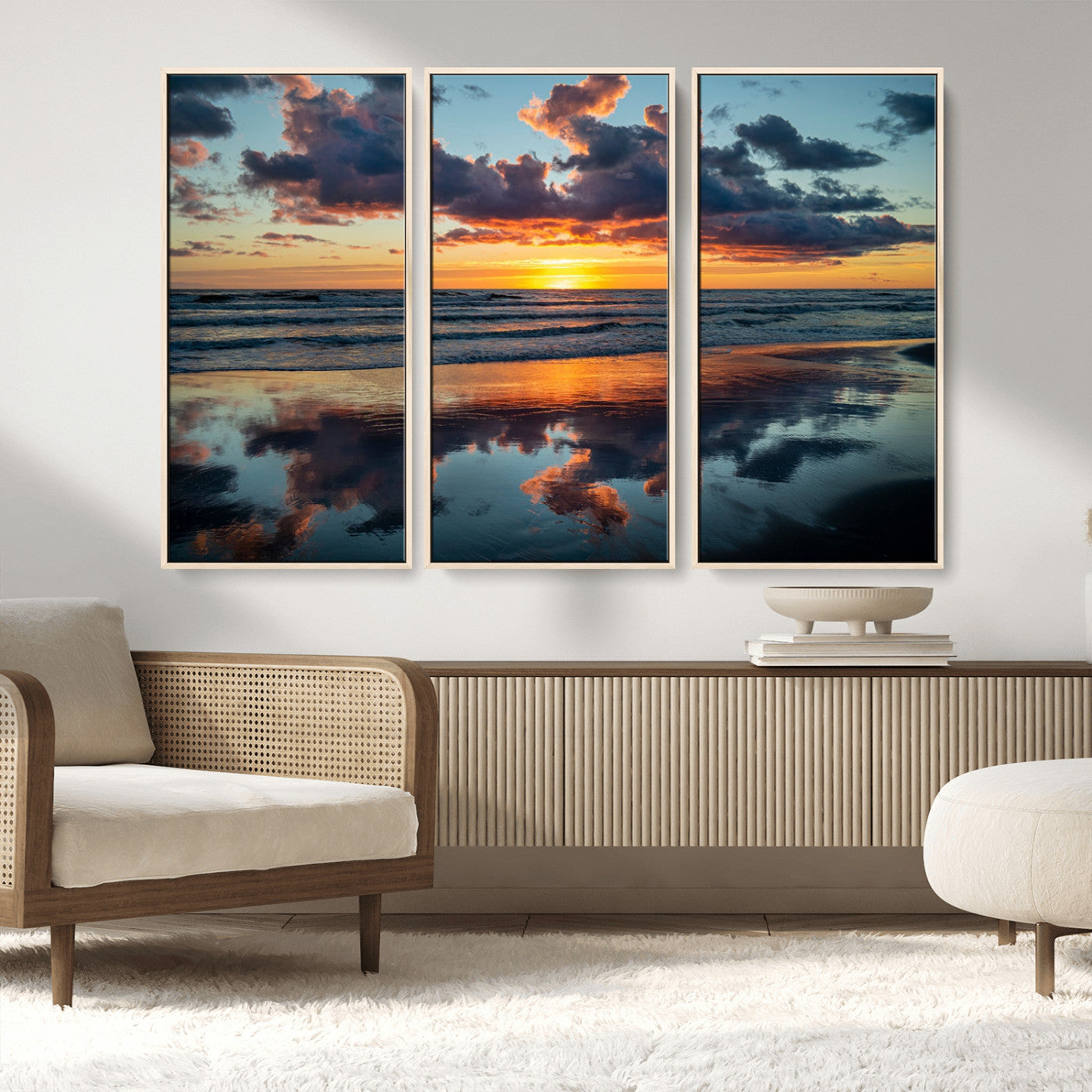 MGV-FC-48X32-3P - Beach Sunset Print - Stunning Ocean Canvas Artwork with Sunset Reflection Design for Elegant Home or