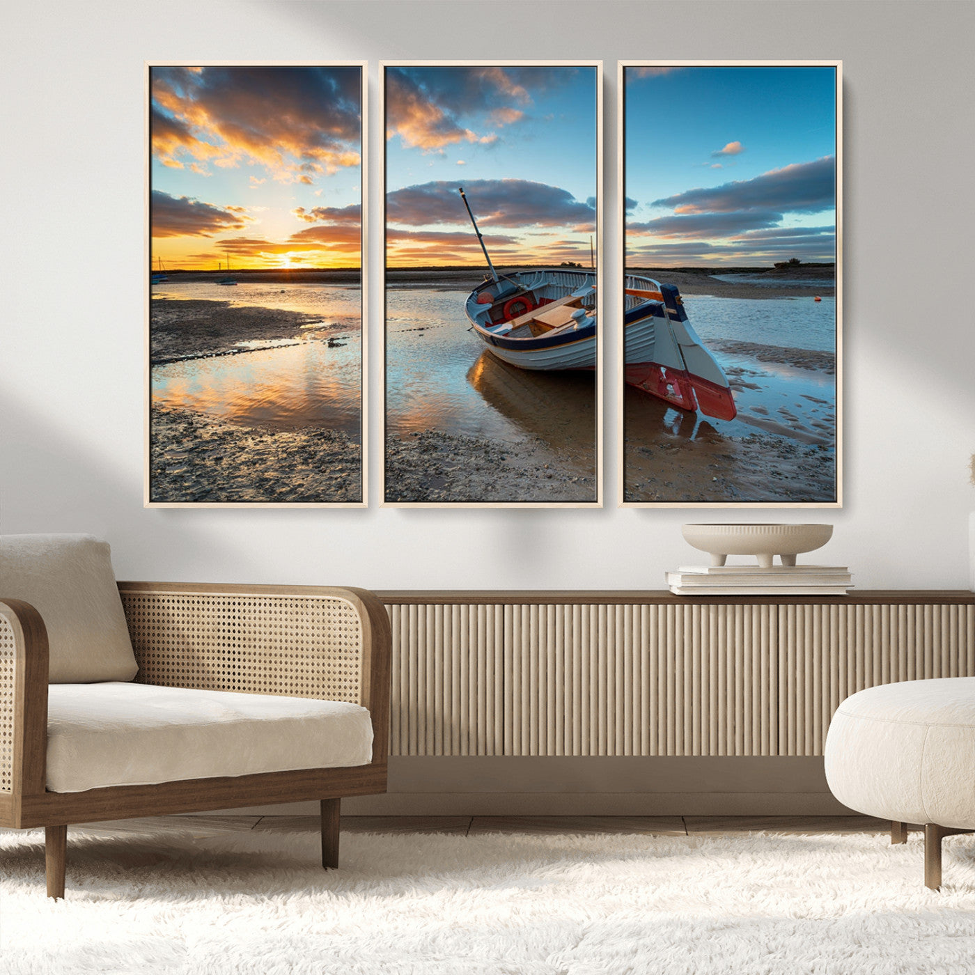MGV-FC-48X32-3P - Small Boat At The Beach Sunset Wall Art, Boat Sunset Wall Art Canvas Print