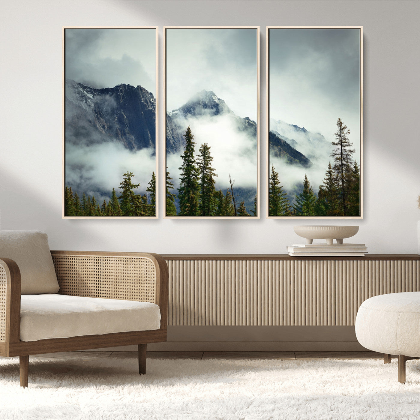 MGV-FC-48X32-3P - Mountain Mist Canvas Wall Art | 3-Panel Foggy Forest and Mountain Landscape | Large Giclee Print for Living Room, Office, or Cabin, Farmhouse Decor