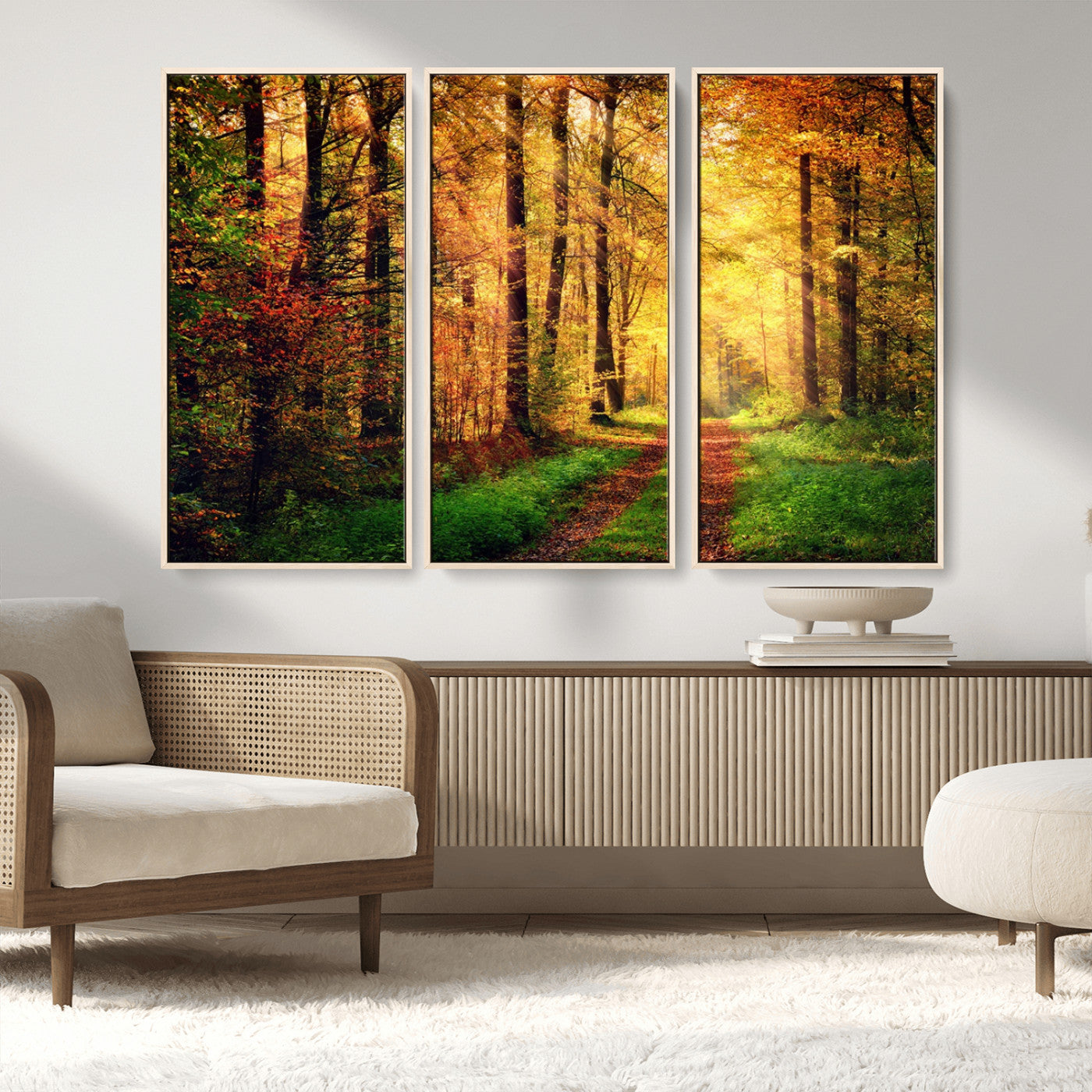MGV-FC-48X32-3P - Forest Fall Wall Art Print - Sunlight Through Trees Wall Art Canvas Print