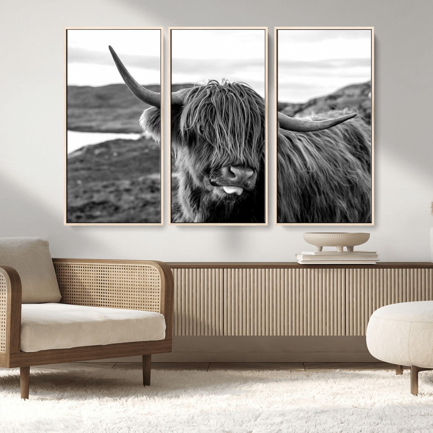 MGV-FC-48X32-3P - Highland Cow Canvas Wall Art – Black and White Animal Portrait – Framed and Ready to Hang Rustic Farmhouse Decor for Living Room or Office
