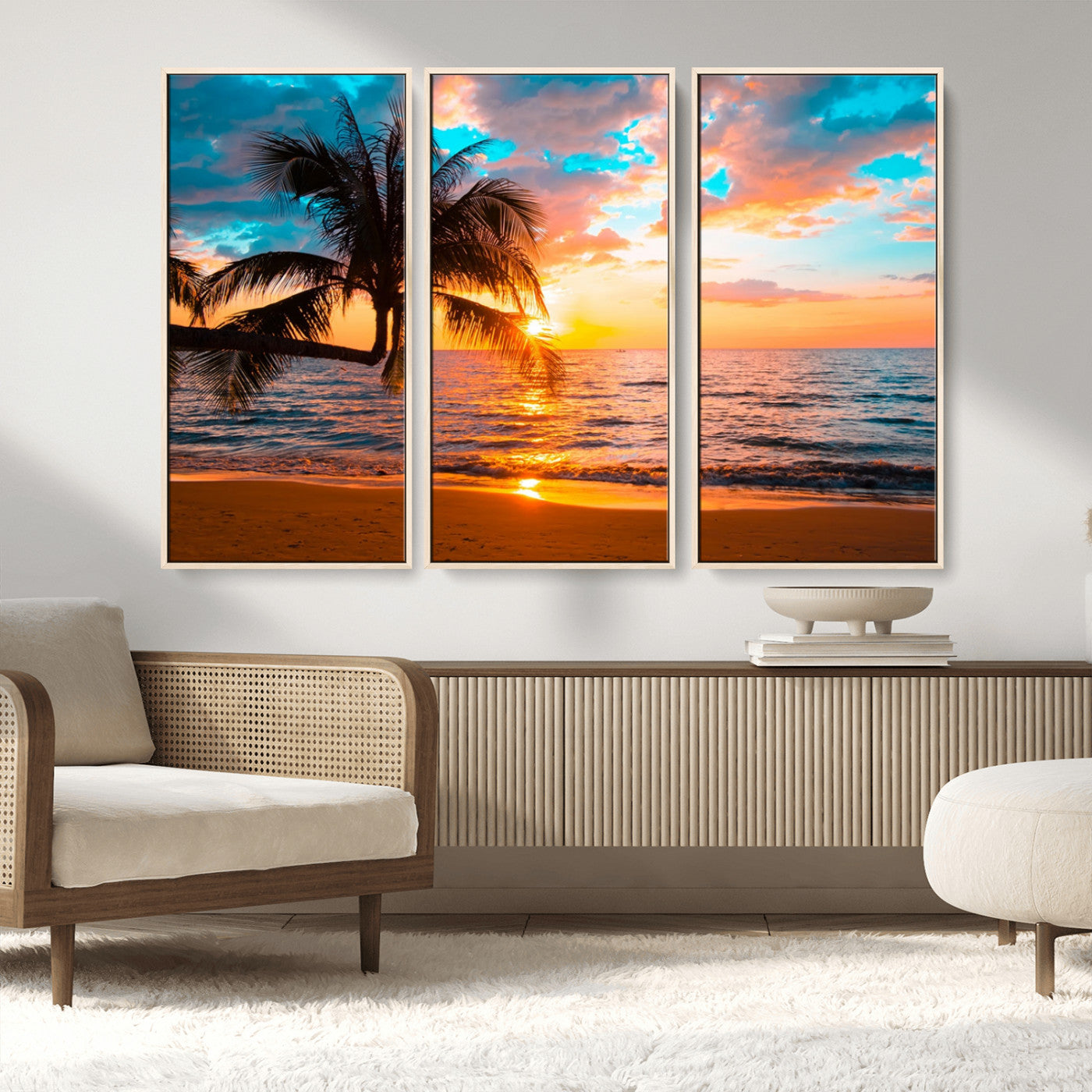 34674-MGV-FC-48X32-3P_Natural-Palm Tree Sunset On The Beach Wall Art Canvas, Framed Palm Tree Sunset Canvas Print