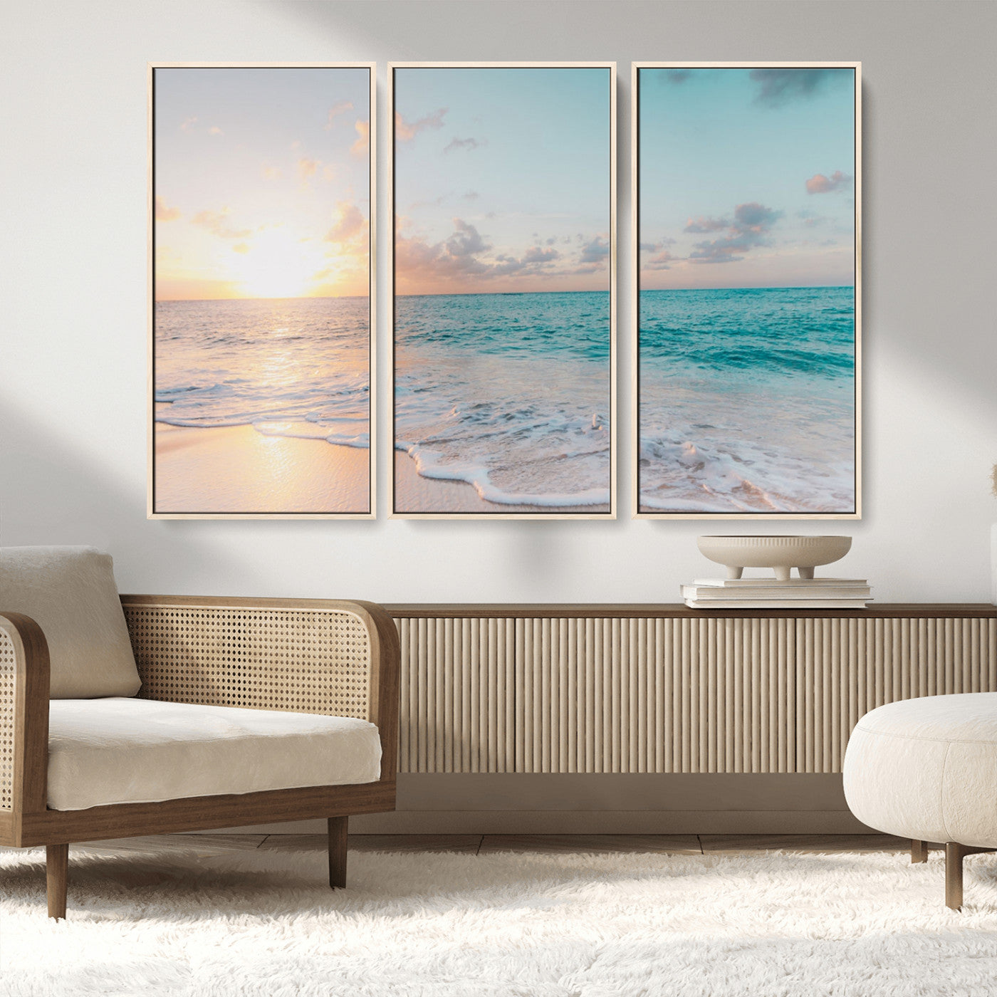 MGV-FC-48X32-3P - Tranquil Ocean Beach Sunset Canvas Wall Art | 3-Panel Coastal Decor