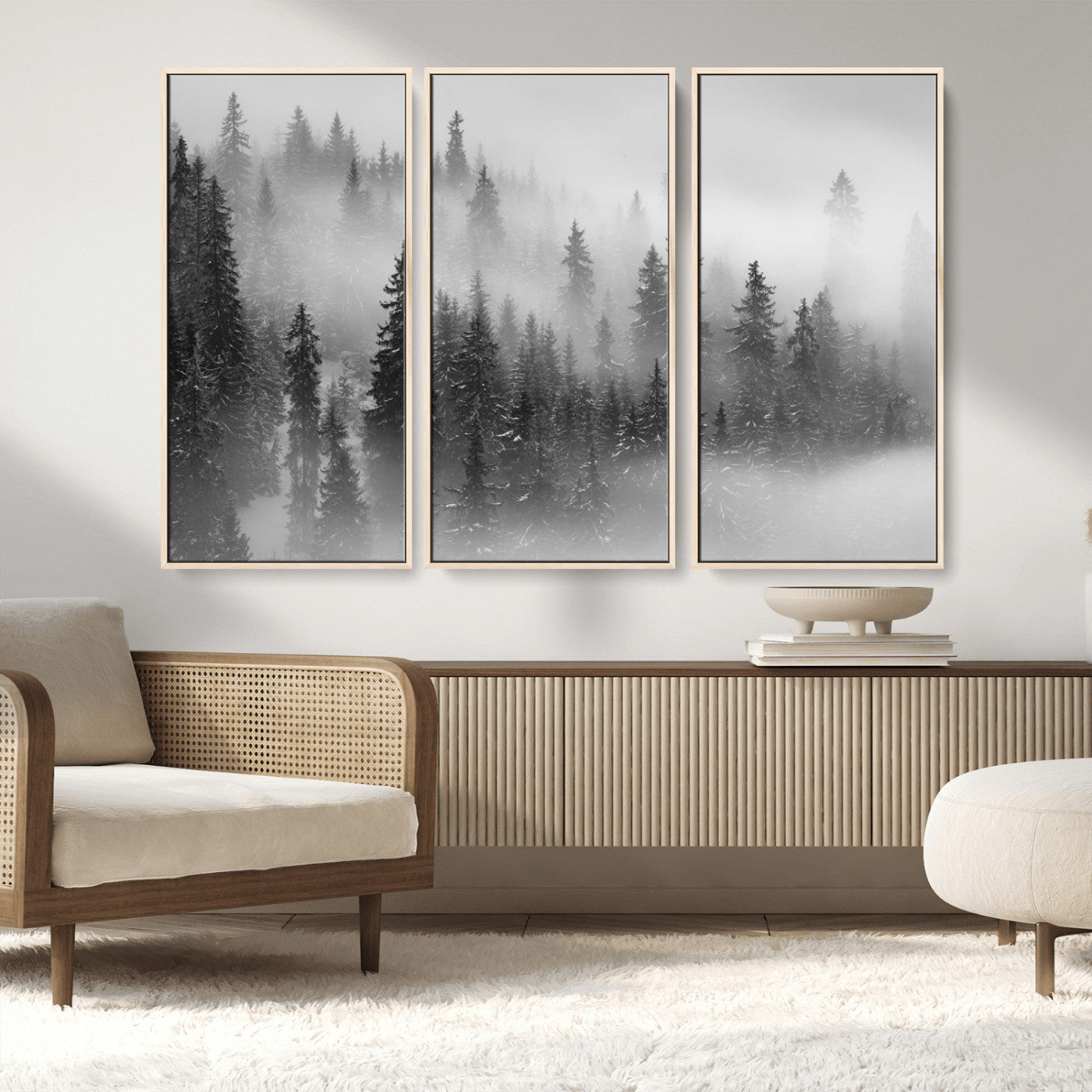 MGV-FC-48X32-3P - Black and White Forest Wall Art Print – Misty Pine Tree Canvas Print – Winter Woodland Nature Artwork – Perfect for Minimalist Home Decor