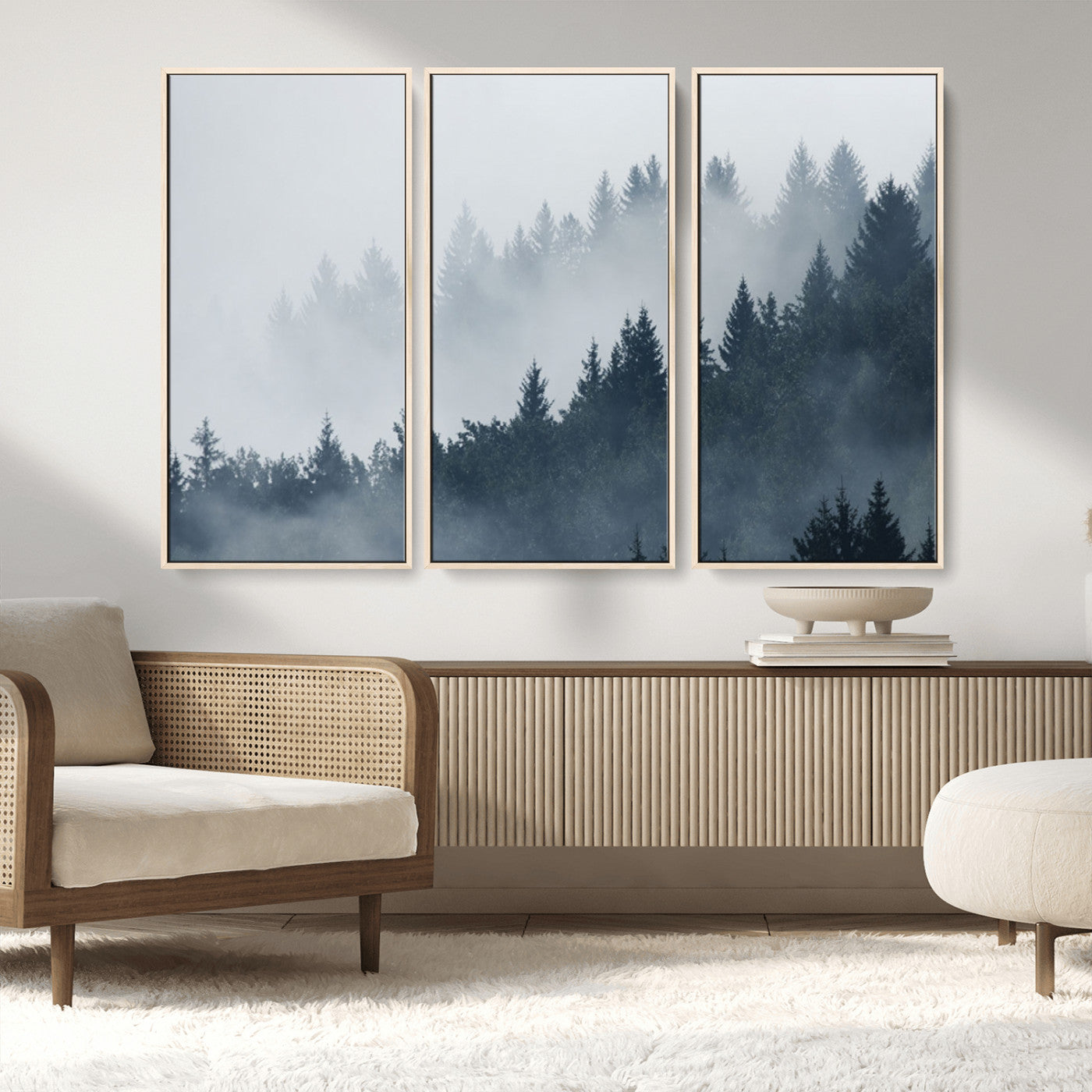 MGV-FC-48X32-3P - Misty Forest Wall Art Print – Foggy Pine Tree Canvas Print – Dark Woodland Nature Artwork – Perfect for Minimalist and Modern Home Decor