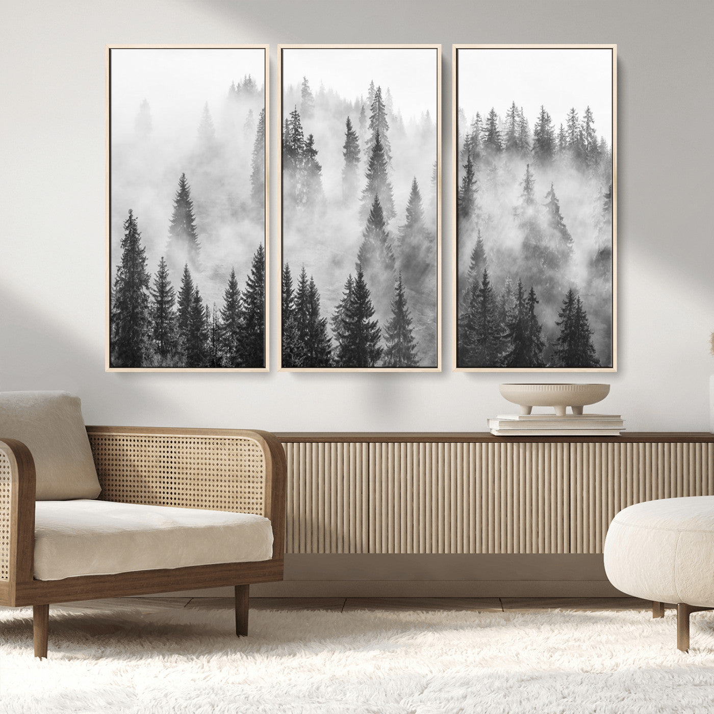 MGV-FC-48X32-3P - Forest Wall Art Print | Foggy Pine Forest Canvas Wall Art - Black and White Nature Decor for Living