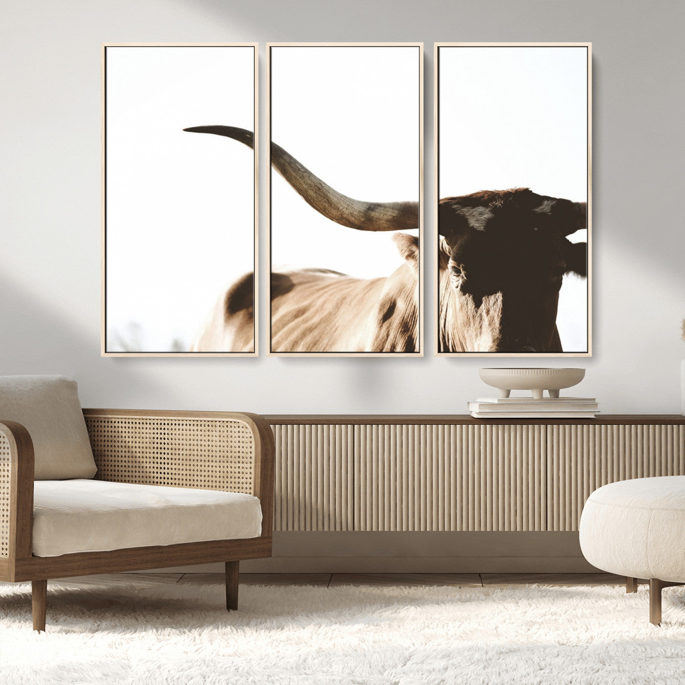 MGV-FC-48X32-3P - Texas Longhorn Wall Art Canvas Print | 3-Panel Large Longhorn Canvas Print for Living Room, Framed Gallery Wrap Office, Rustic Western Cowboy Decor