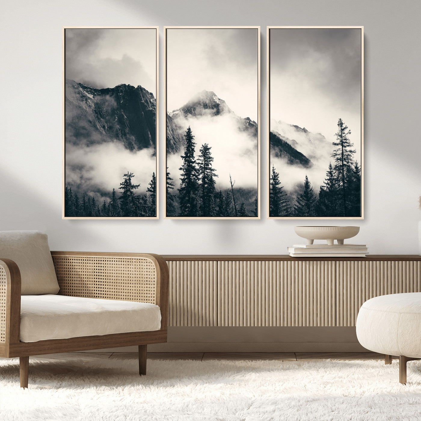 MGV-FC-48X32-3P - Large Foggy Mountain Forest Wall Art Canvas Print | Misty Mountain Peaks and Pine Trees Print | Framed Gallery Wrap | Rustic Nature Farmhouse Decor