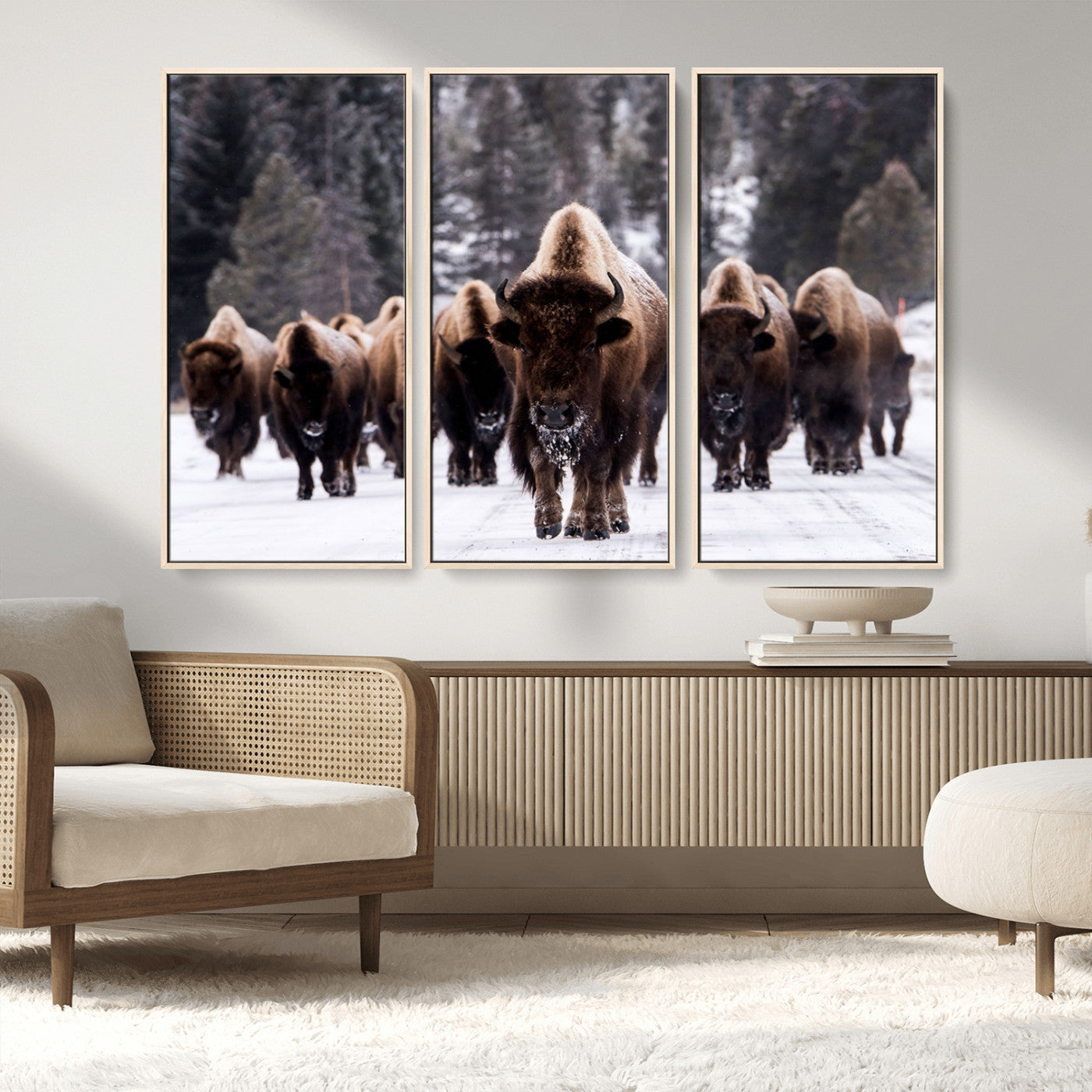 MGV-FC-48X32-3P - Bison Wall Art Canvas Print- Bison Herd Canvas Wall Art – Majestic Wildlife Photography – Framed and Ready to Hang Nature-Inspired Art - Buffalo Wall Art Print