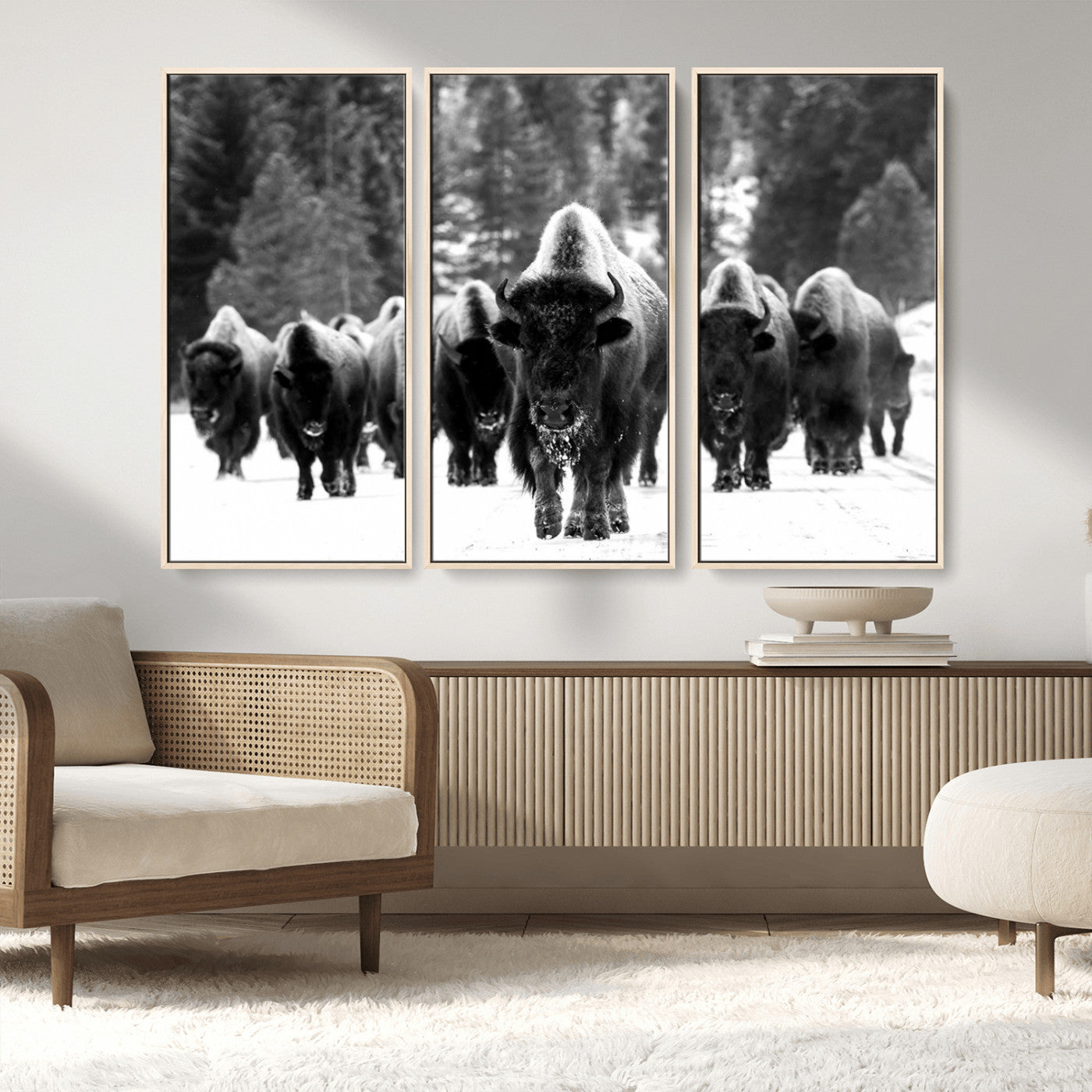 62434-MGV-FC-48X32-3P_Natural-Bison Herd in Snow Wall Art Canvas Print | Rustic Western Bison Wall Art for Decor for Living Room,