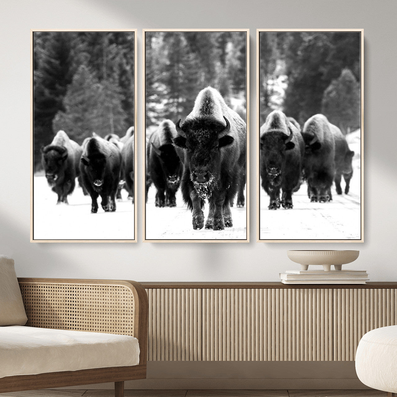 62434-MGV-CV-36X24 - Bison Herd in Snow Wall Art Canvas Print | Rustic Western Bison Wall Art for Decor for Living Room