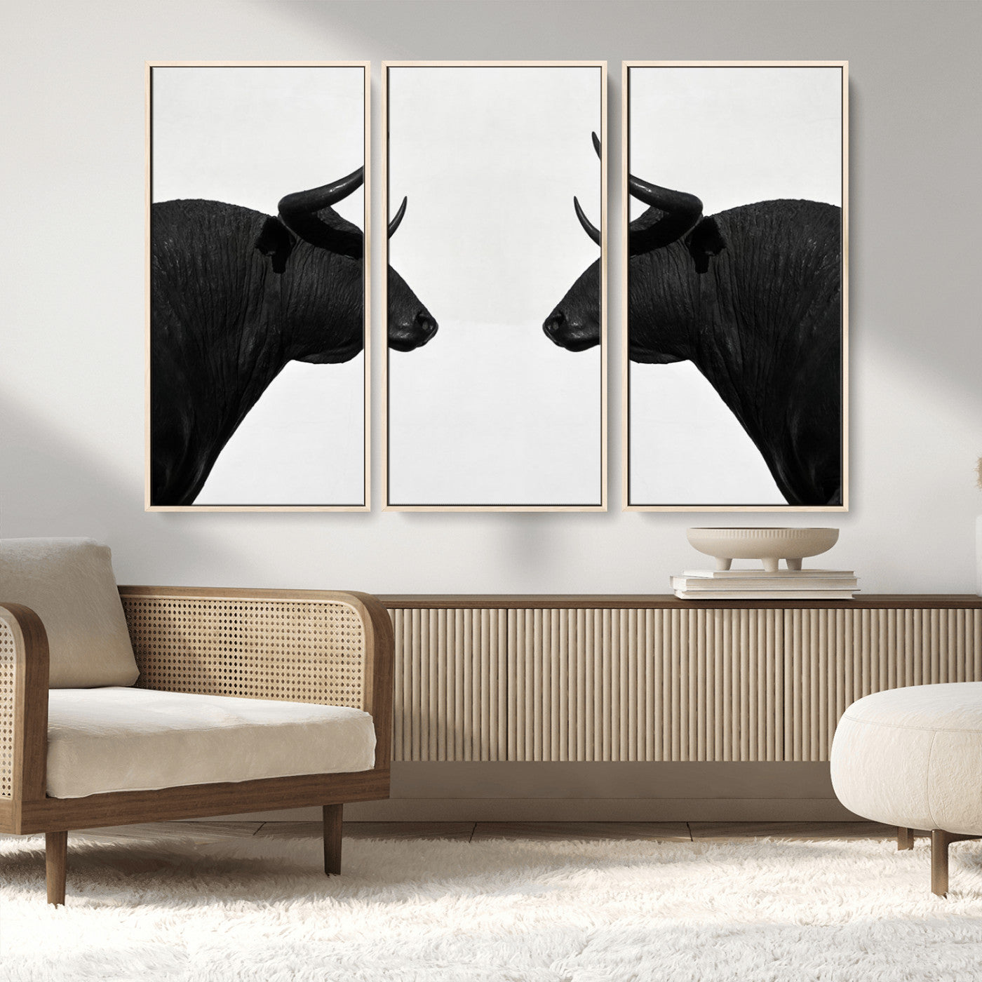 -Spanish Bull Art - Framed Black and White Bull Canvas Print for Modern Rustic Home or Office Decor