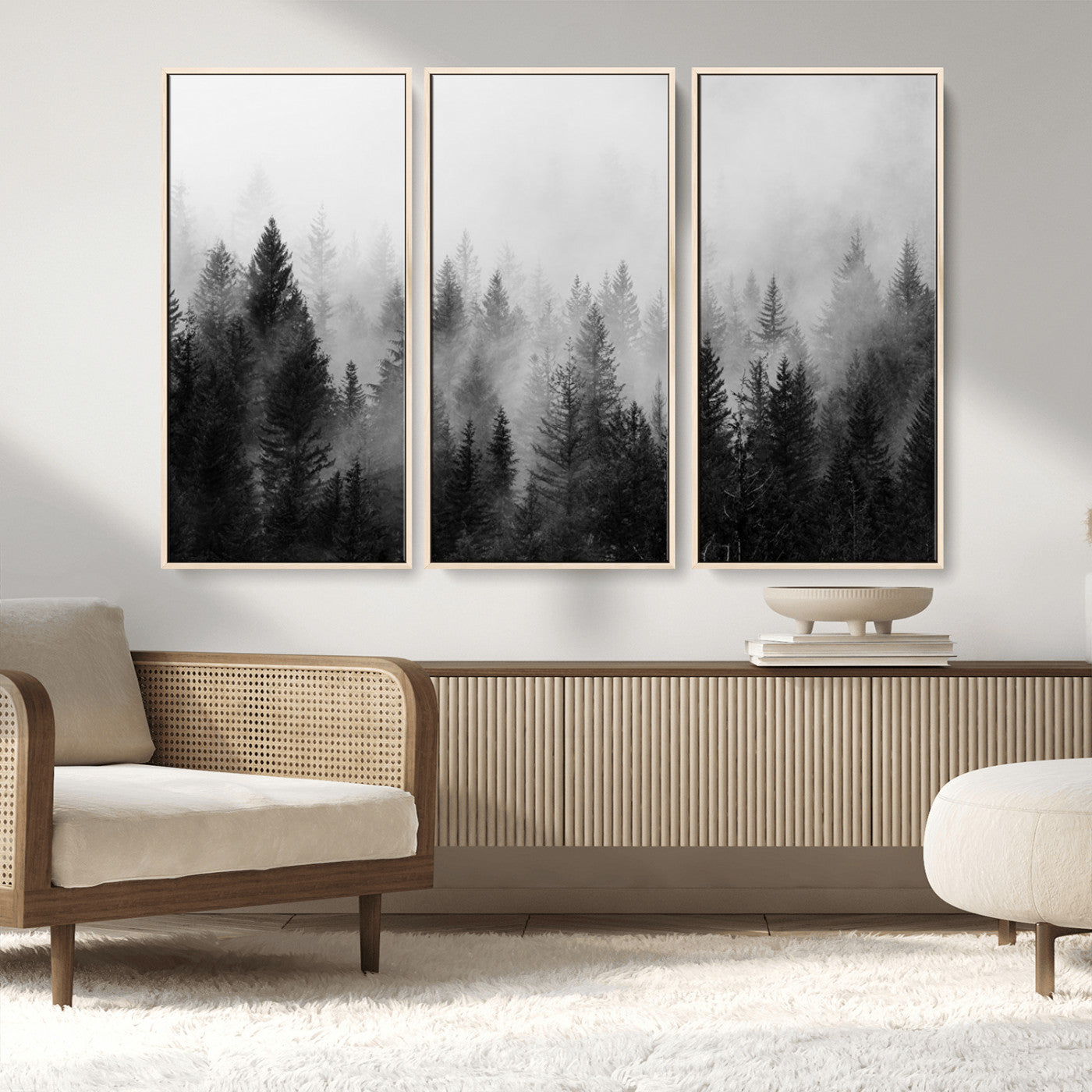 MGV-FC-48X32-3P - Foggy Black and White Forest Wall Art, 3 Panel Misty Pine Trees Canvas Print for Living Room, Office, or Bedroom, Nature-Inspired Woodland Wall Decor