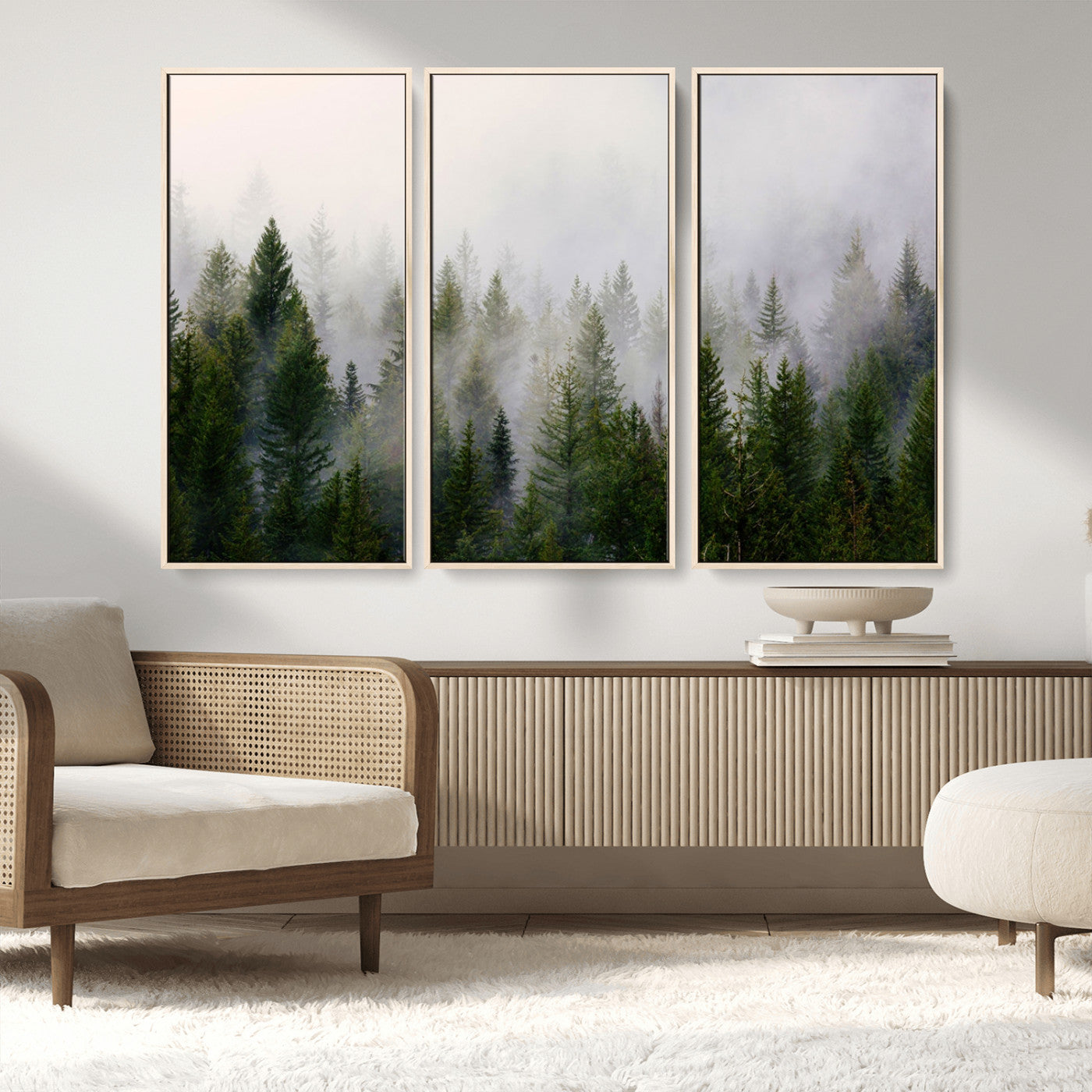MGV-FC-48X32-3P - Misty Pine Forest Wall Art Canvas Print | 3 Panel Green Woodland Canvas Print for Living Room, Office, or Dining Room | Nature Foggy Forest Decor