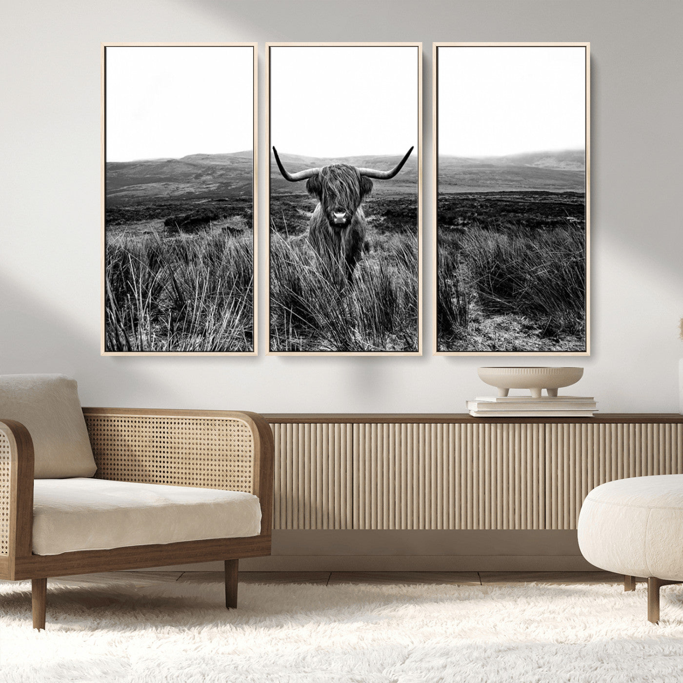 MGV-FC-48X32-3P - Black and White Highland Cow Canvas Wall Art, Longhorn Triptych Western Wall Decor for Cabin -