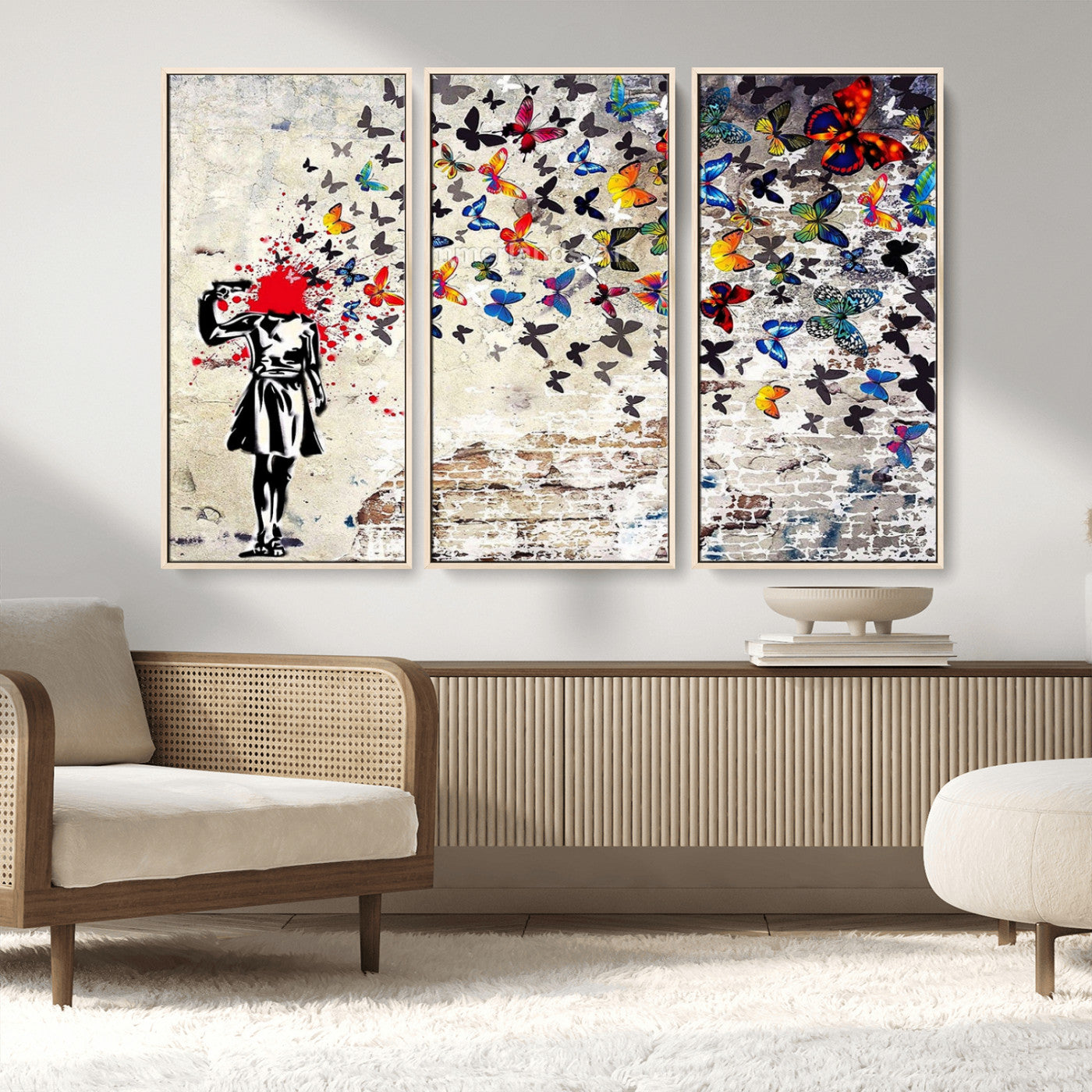 MGV-FC-48X32-3P - Banksy Art Butterfly Girl Explosion Canvas Art – Vibrant Urban Graffiti for Modern Interiors - Ready to Hang